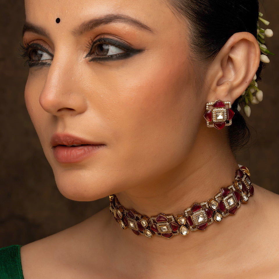 Pink Color Gold Plated Polki Necklace Set