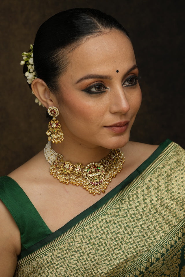 Green Color Gold Plated Jadau Kundan Bridal Necklace Set