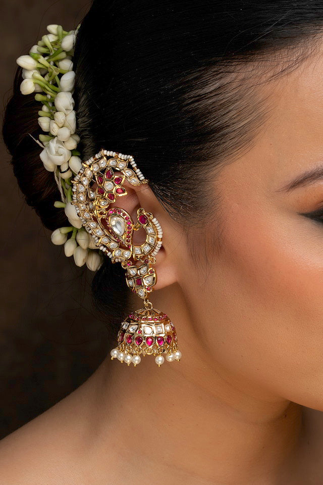 Pink Color Gold Plated Jadau Kundan Earrings (Matsya Chandbali)