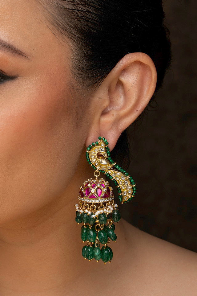 Green Color Gold Plated Jadau Kundan Earrings