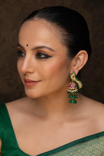Green Color Gold Plated Jadau Kundan Earrings