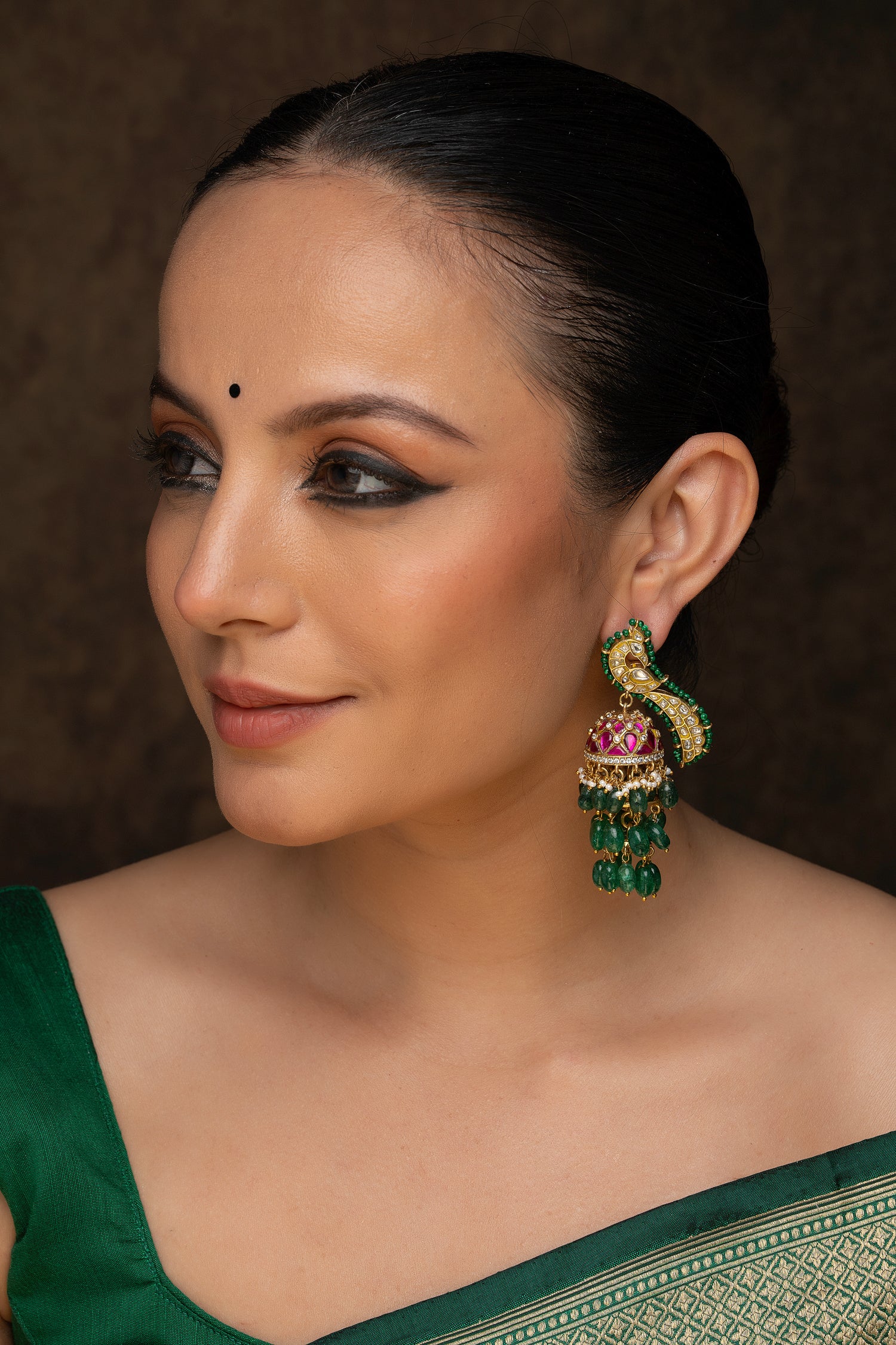 Green Color Gold Plated Jadau Kundan Earrings