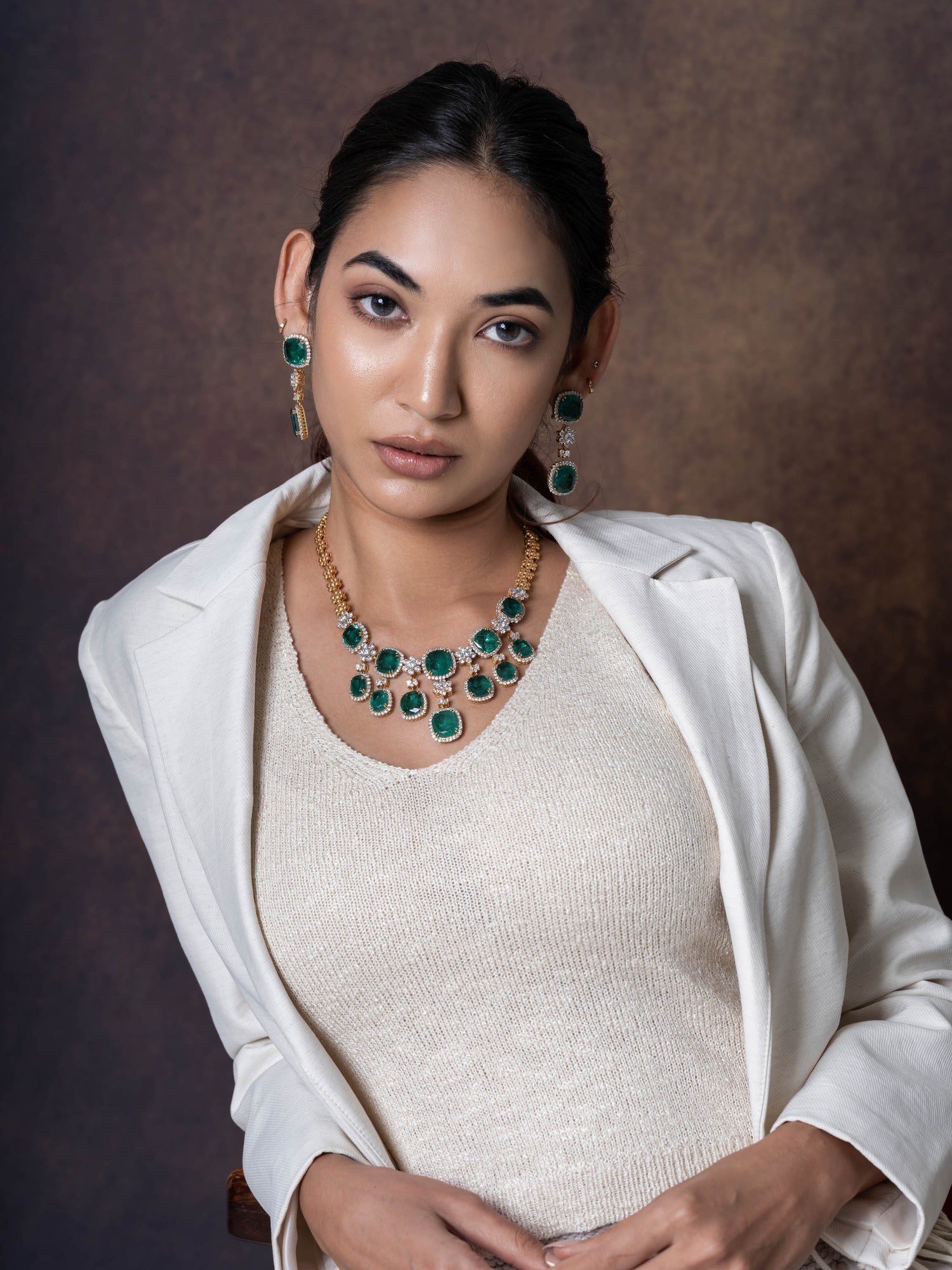 Zoya,Glittering Glam Green Onyx Cocktail Silver Necklace Set