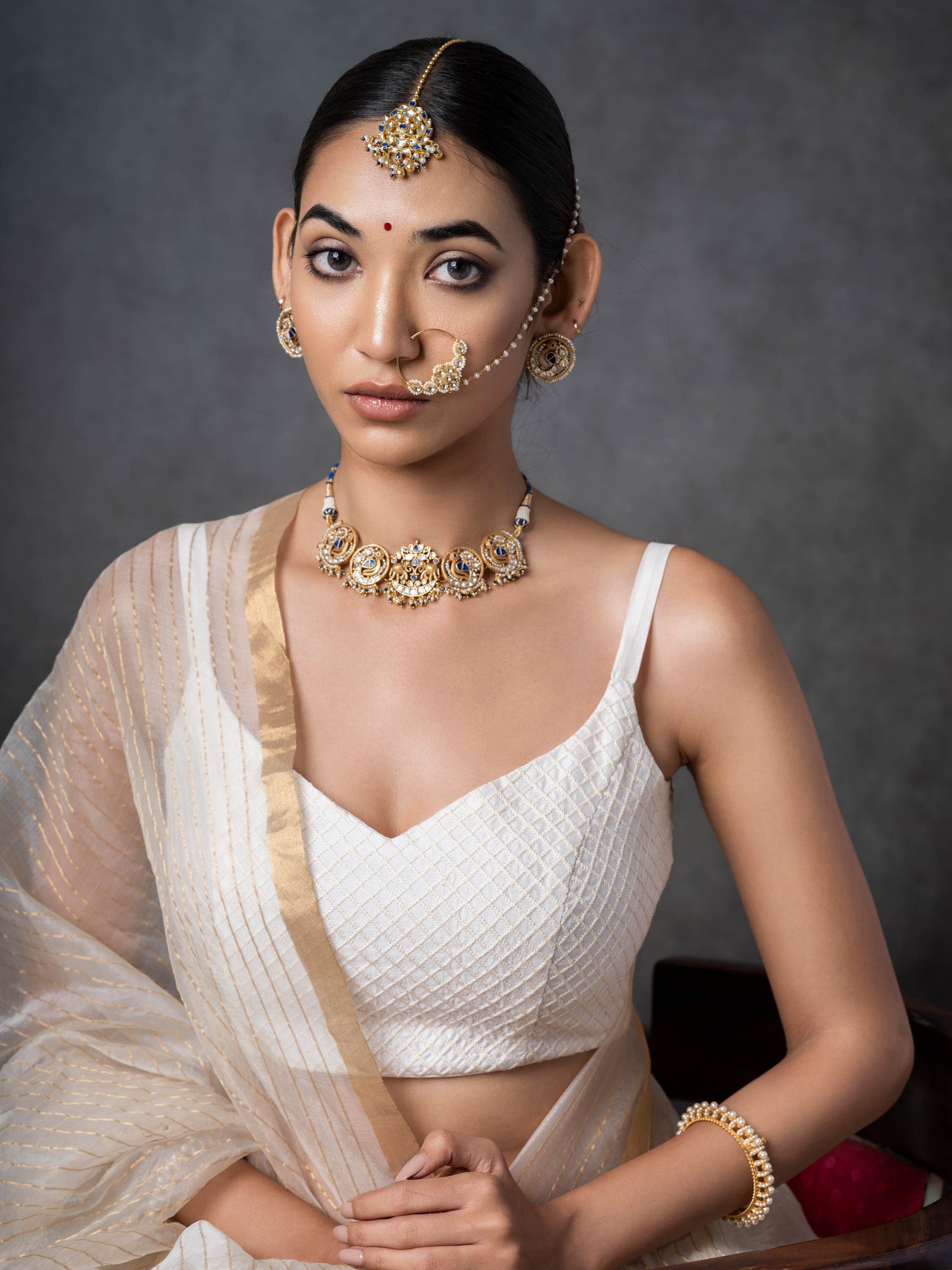 Tashi,Traditional Peacock Inspired Blue Silver Choker Set