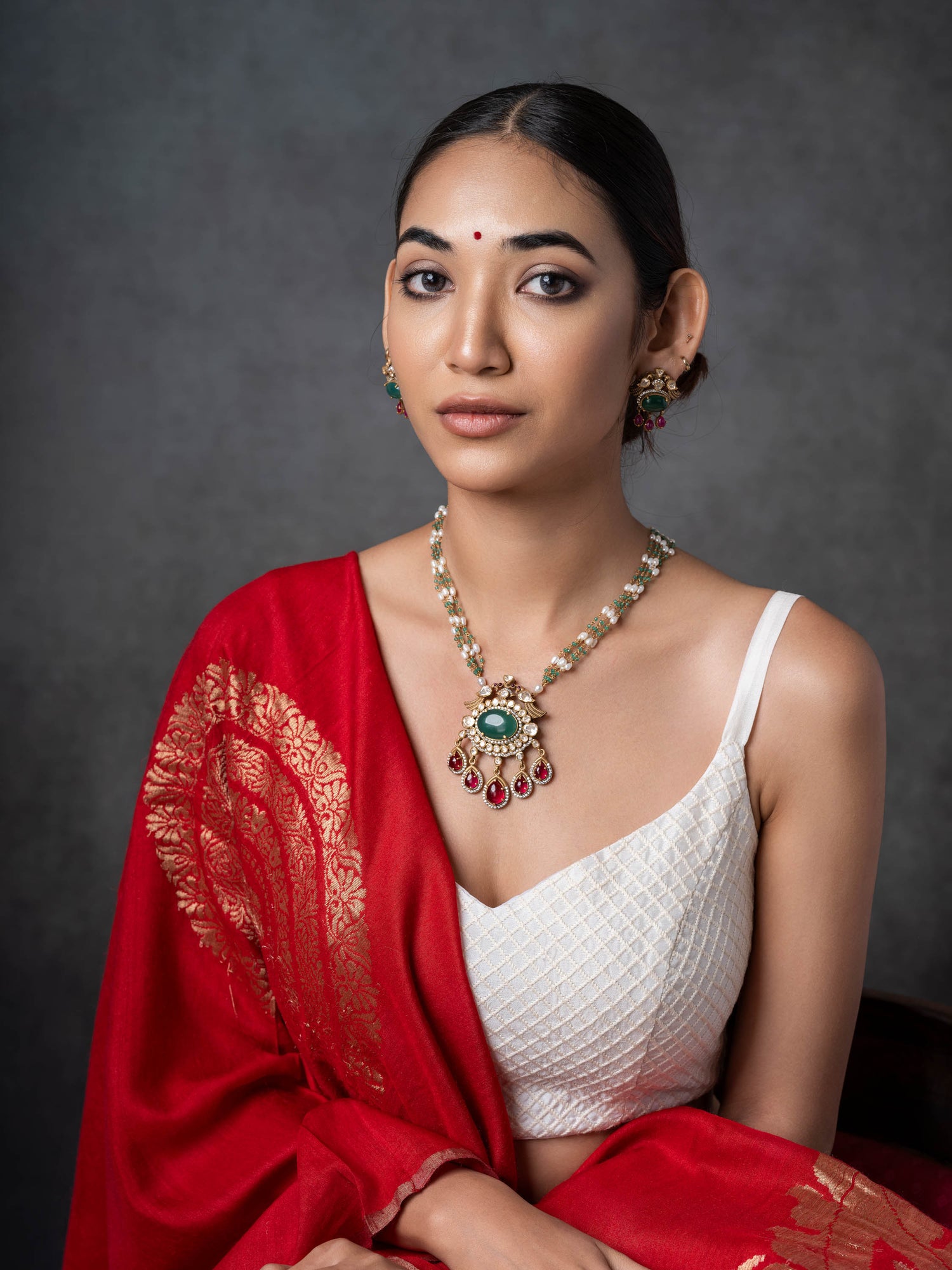 Indo-Western Emerald & Ruby Silver Pendant Set