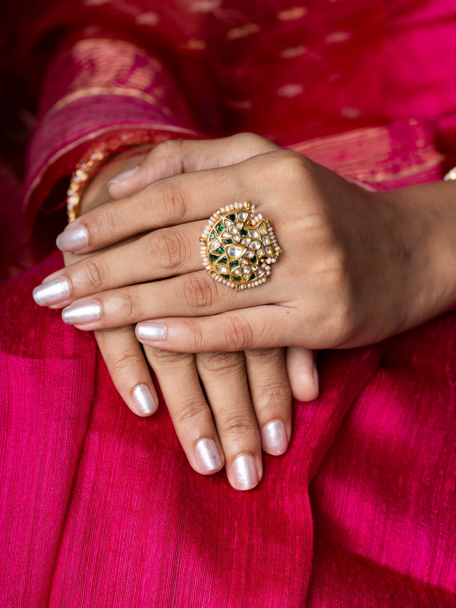 Fancy Fan Shaped Kundan Silver Ring