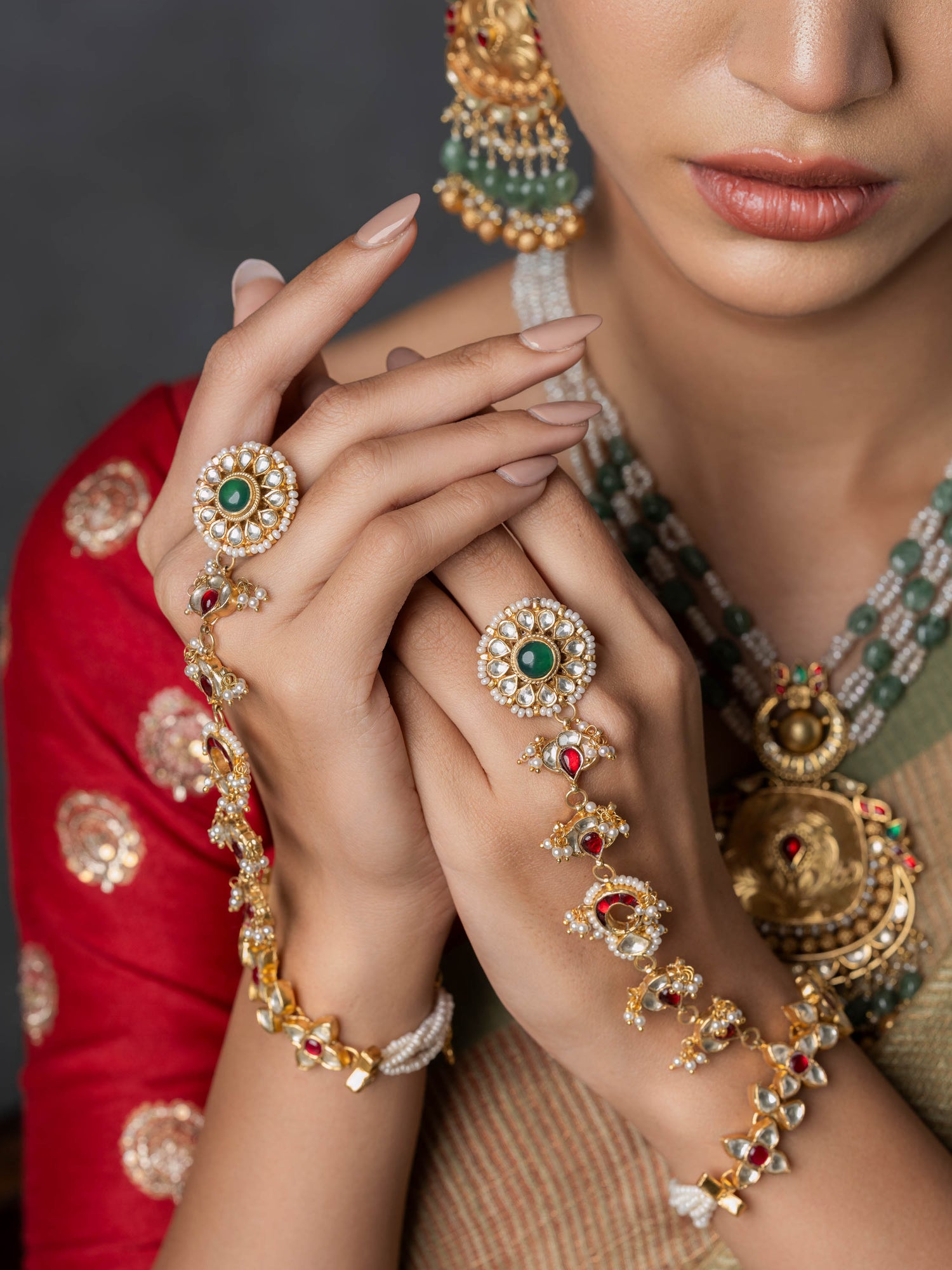 Traditional & Timeless Bridal Red-Green Silver Hathphool