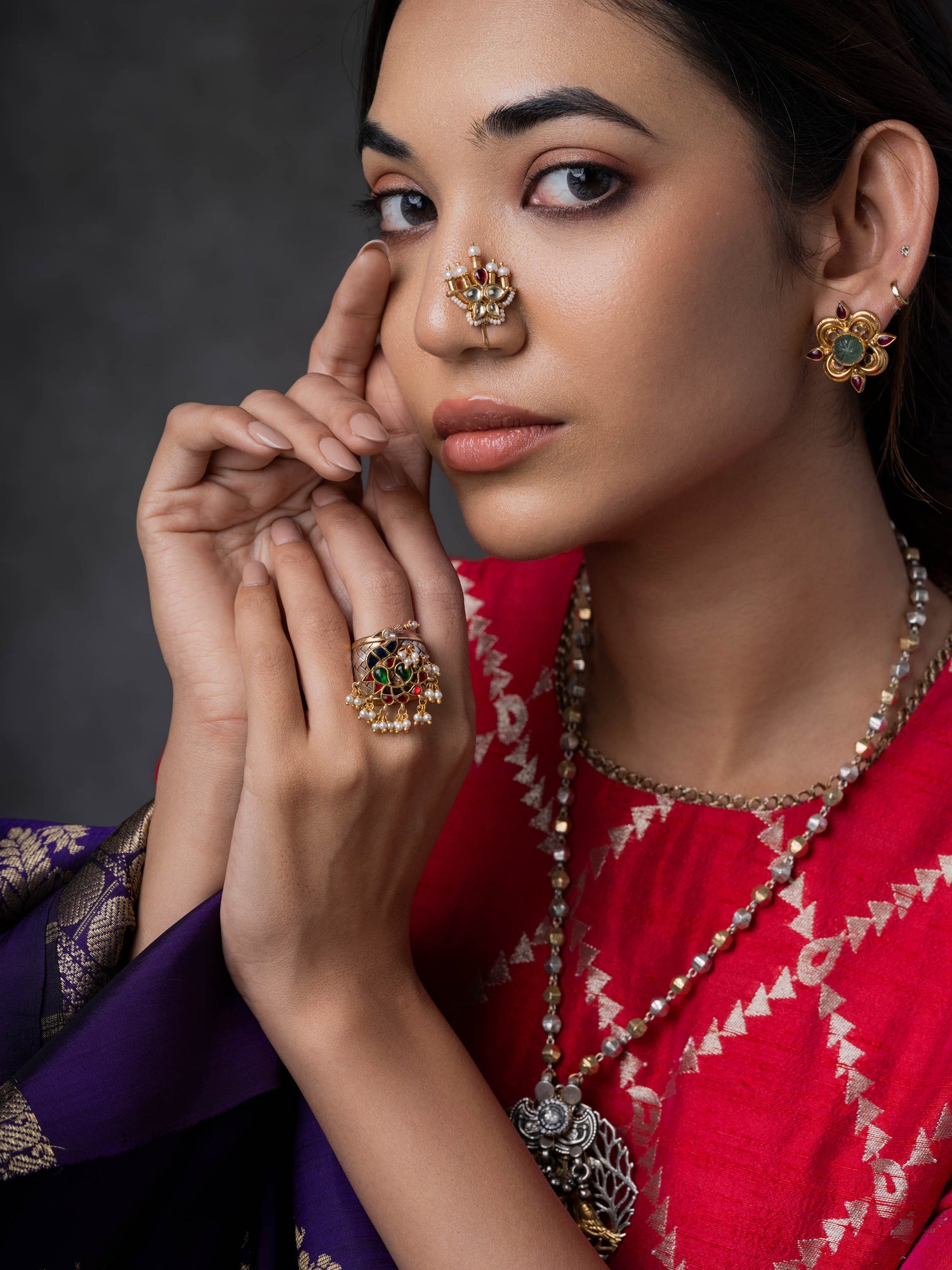 Peacock Jadau Silver Ring