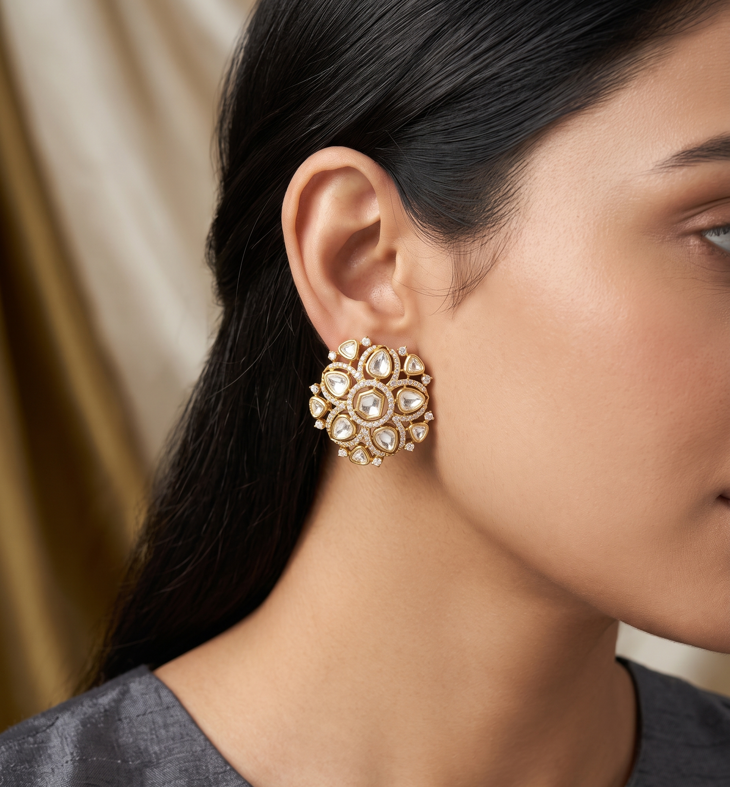 Gold Plated Polki Stud Earrings