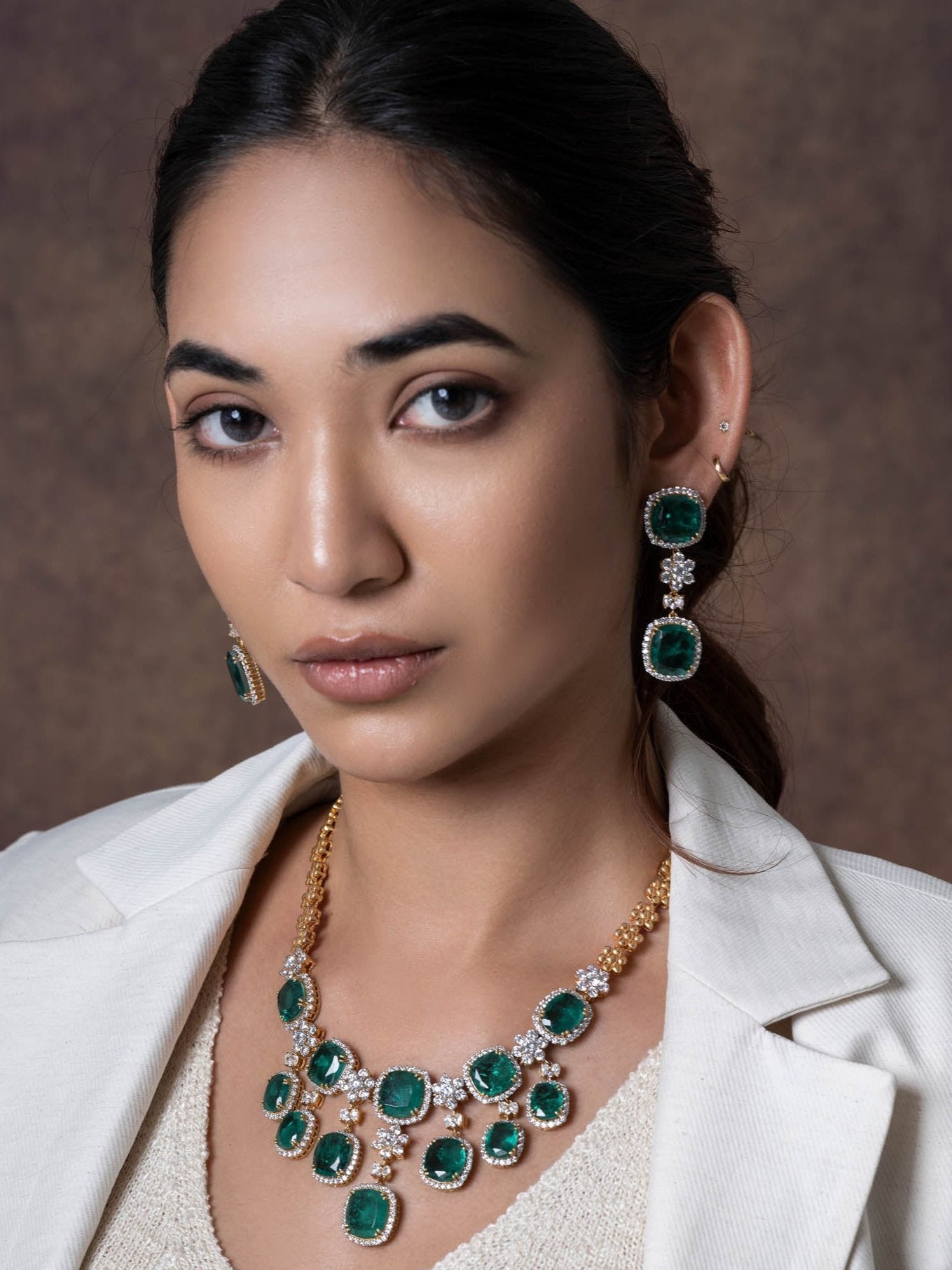 Zoya,Glittering Glam Green Onyx Cocktail Silver Necklace Set