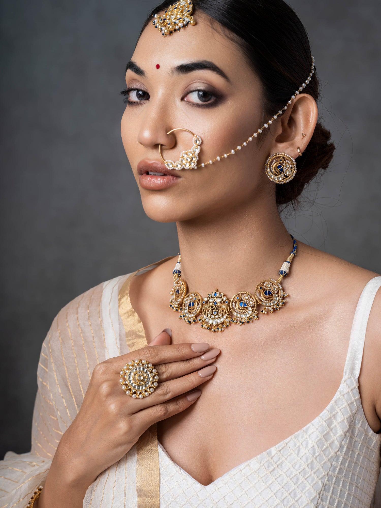 Tashi,Traditional Peacock Inspired Blue Silver Choker Set