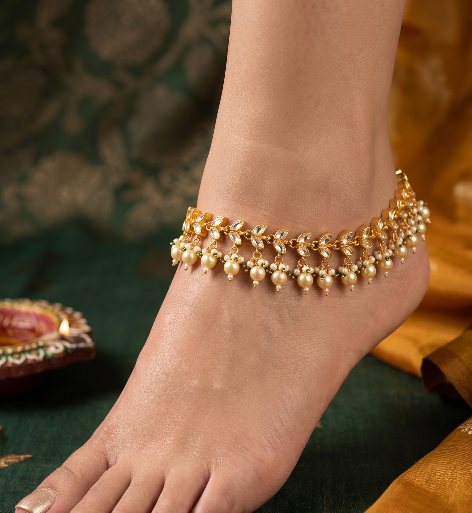 Gold Plated Traditional Jadau Anklet Pair