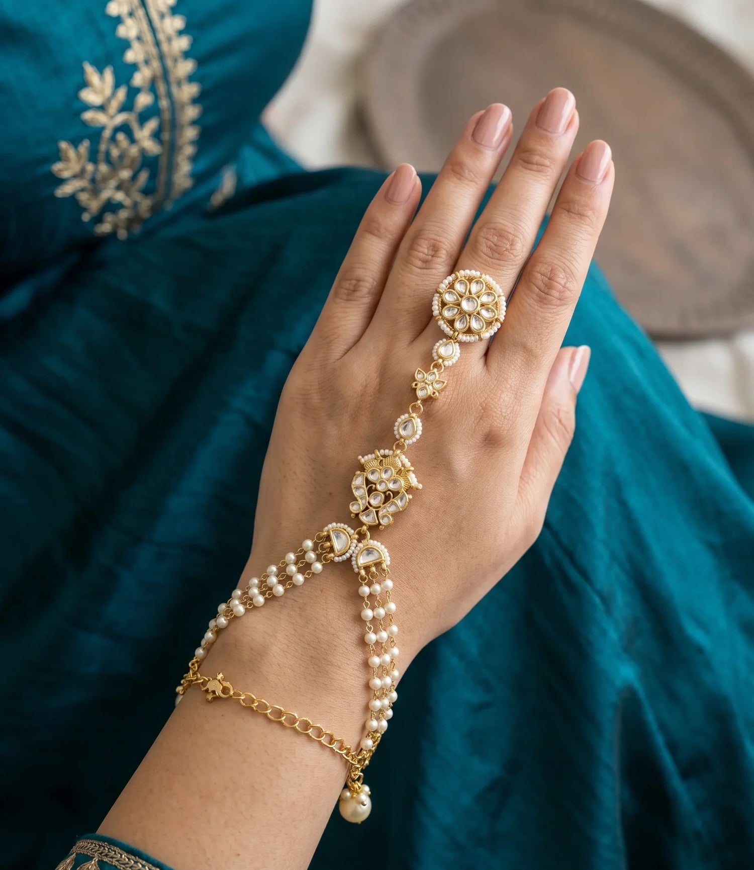 Jadtar Pearl Hathphool - Gold
