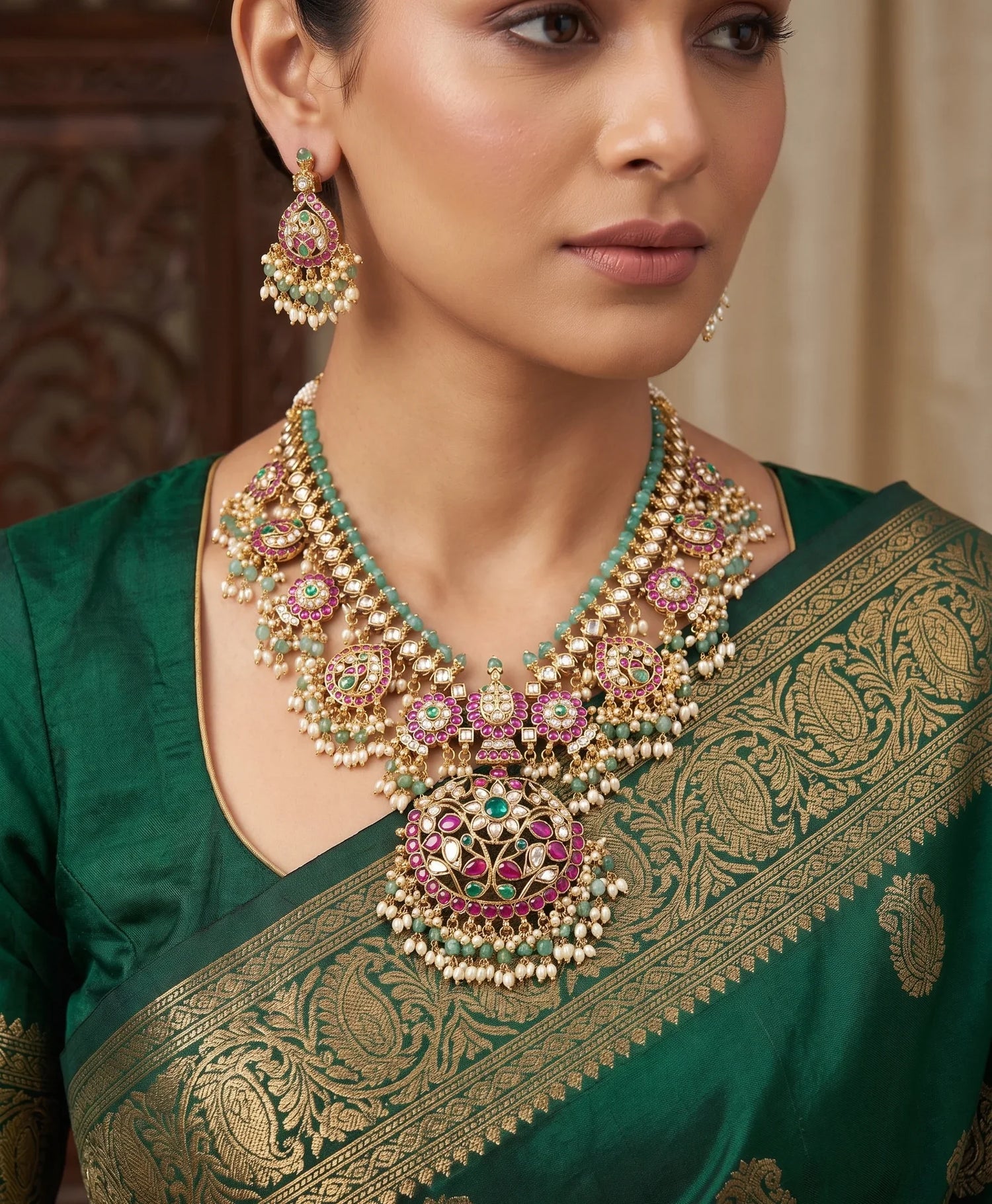 Temple Kundan Long Necklace Set – Antique Gold