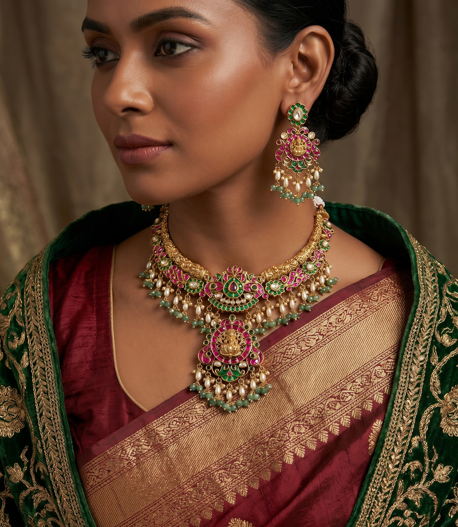 Bridal Temple Kundan Short Necklace Set – Antique Gold