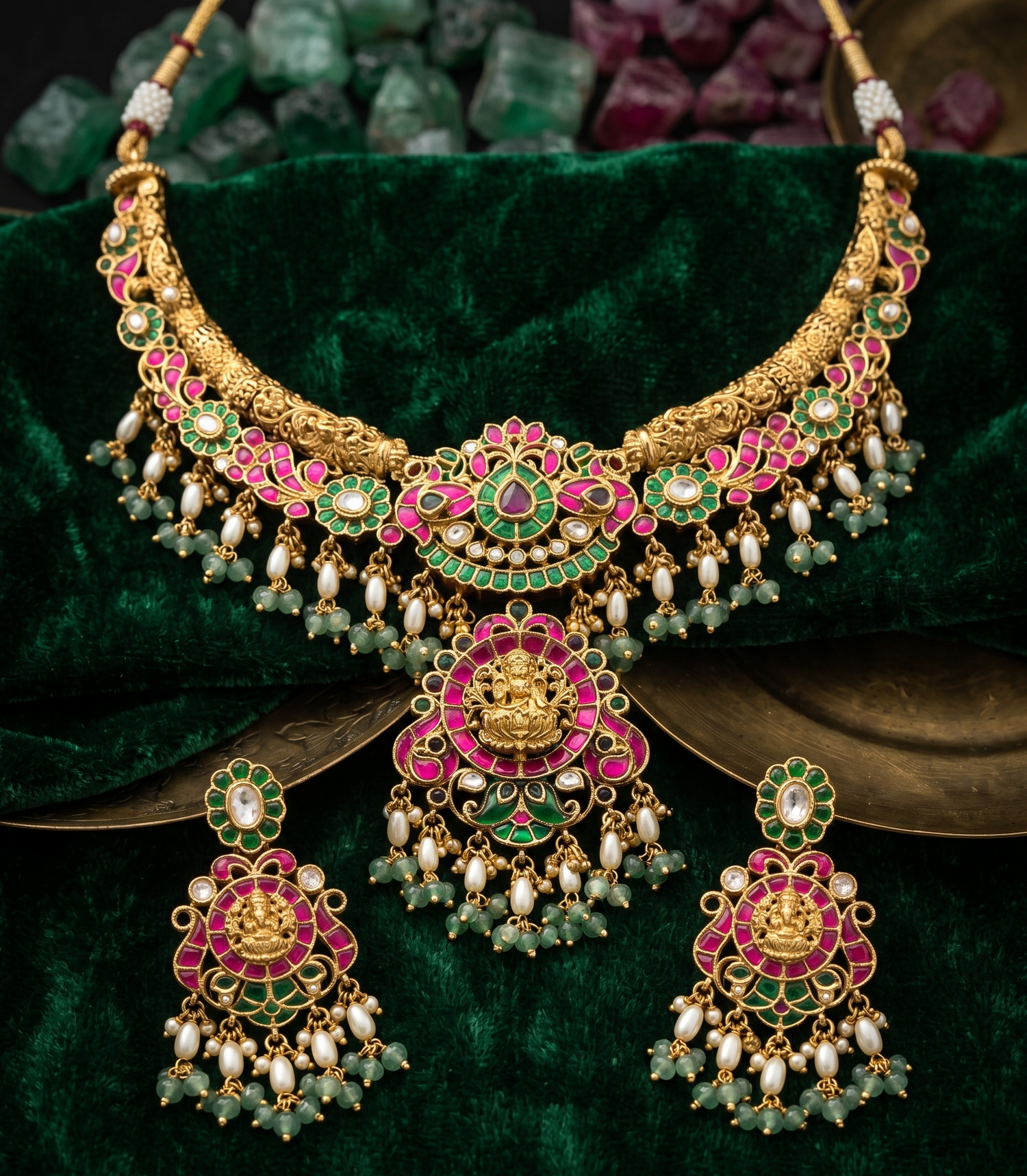 Bridal Temple Kundan Short Necklace Set – Antique Gold