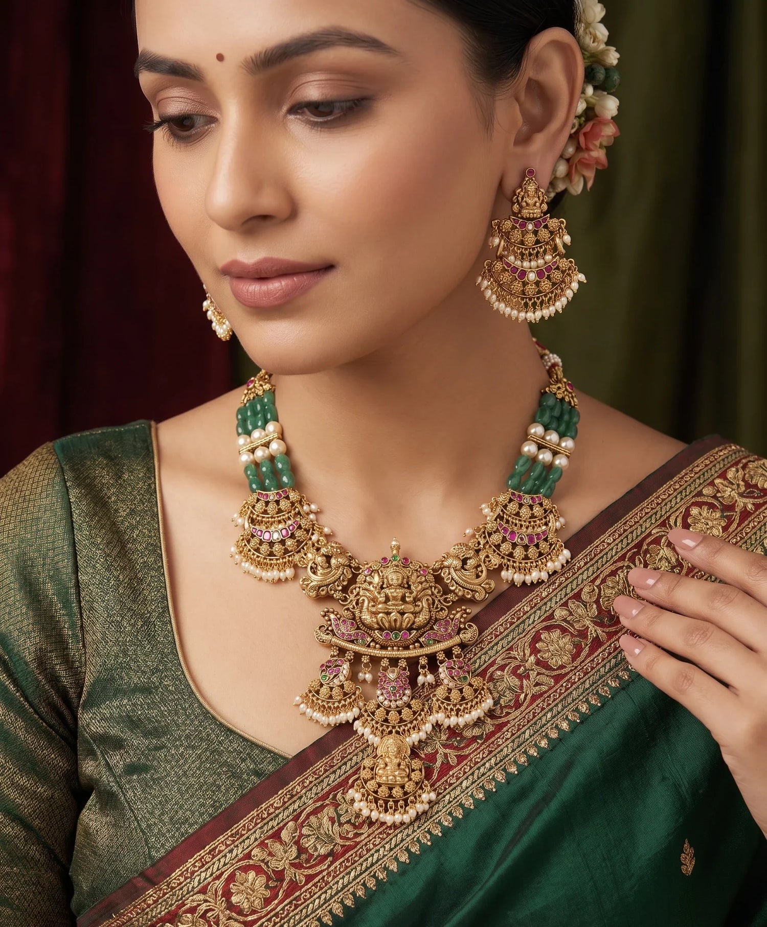 Jadau Kundan Temple Necklace Set – Antique Gold