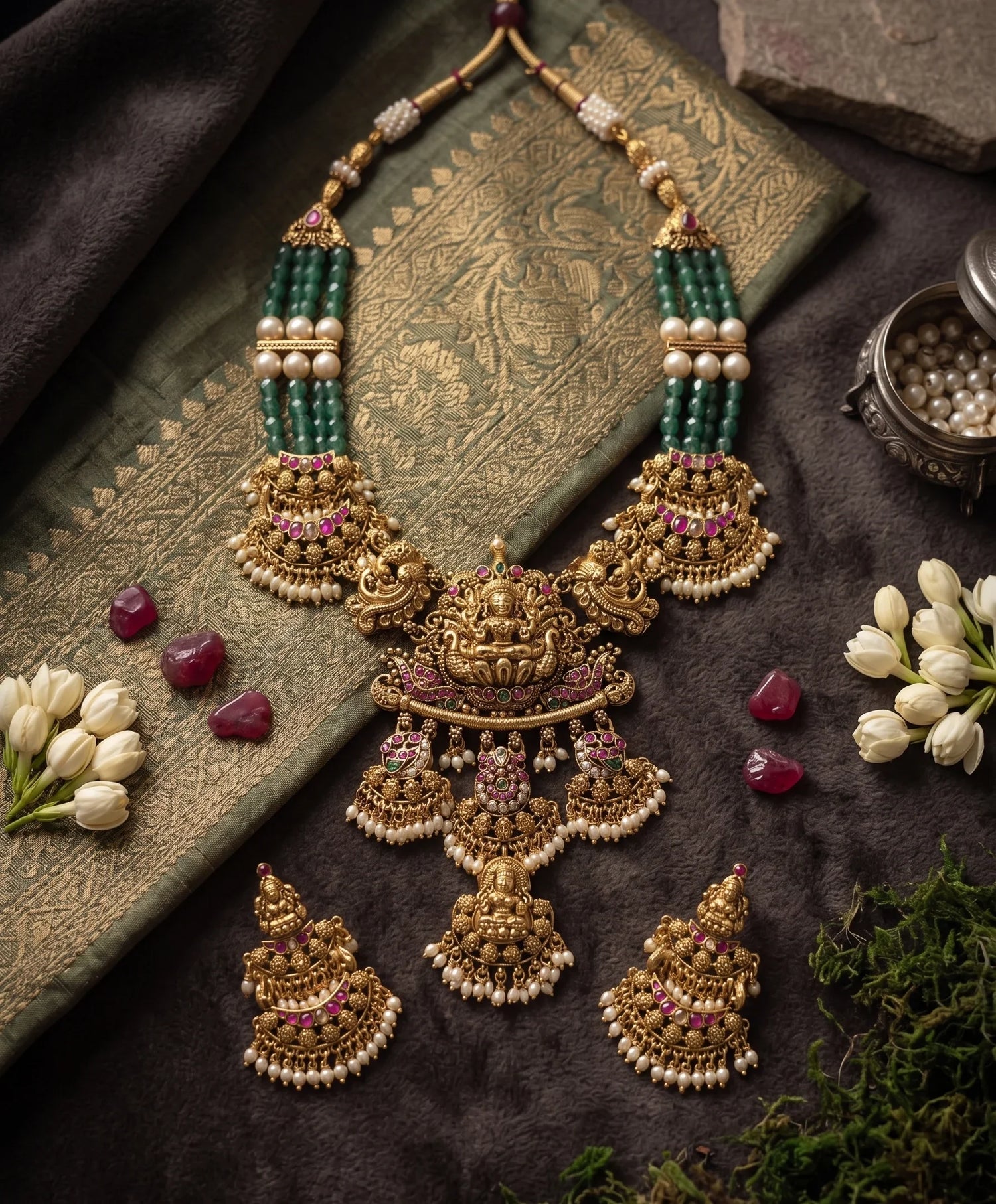 Jadau Kundan Temple Necklace Set – Antique Gold
