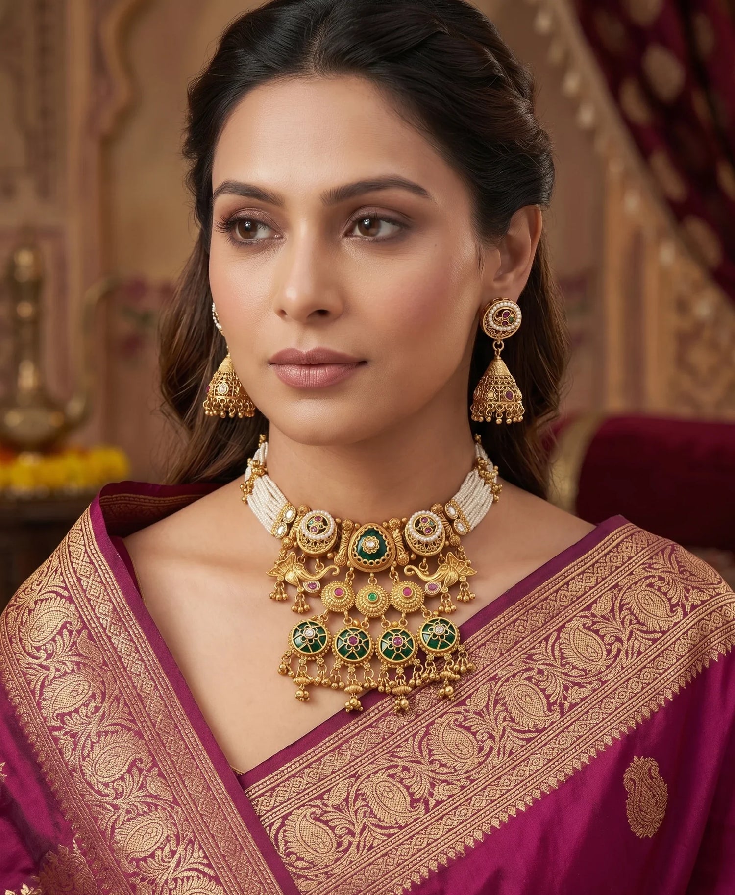 Jadtar Kundan Choker Necklace Set – Gold Plated
