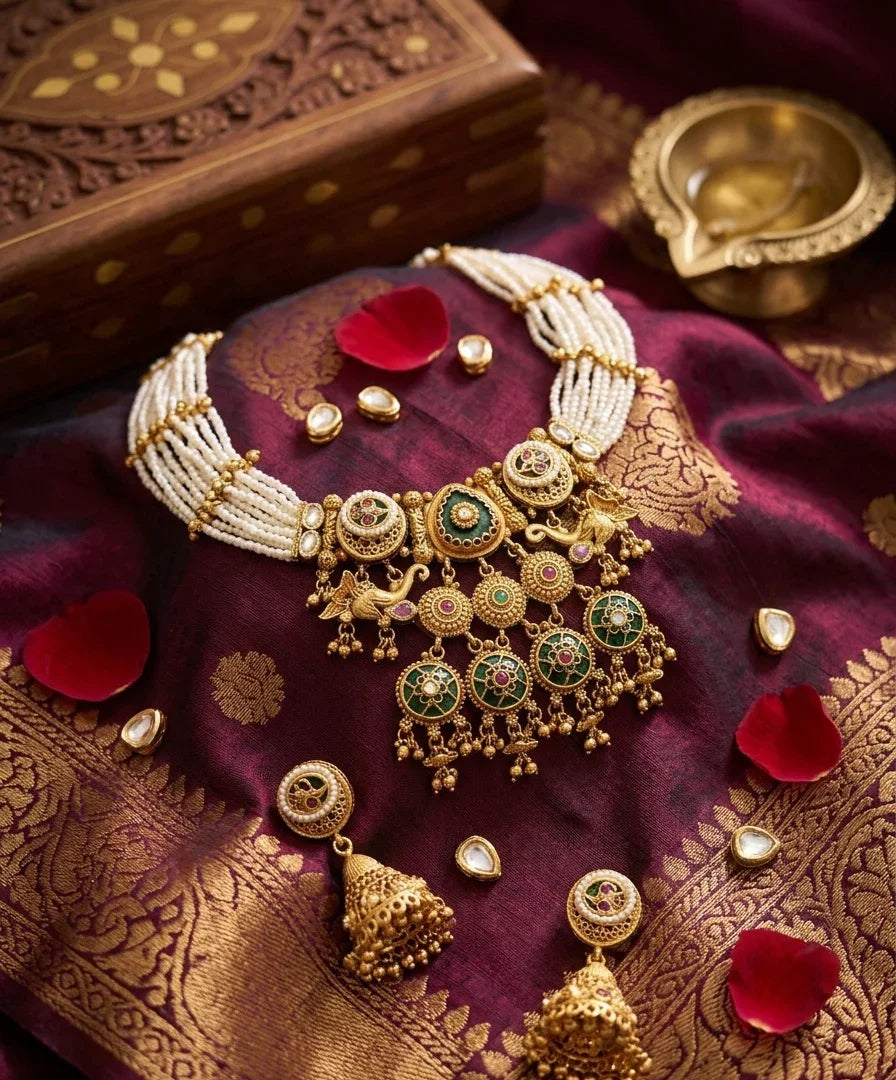 Jadtar Kundan Choker Necklace Set – Gold Plated