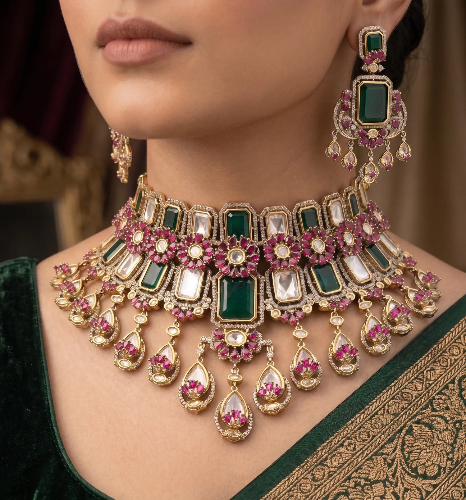 Luxury Polki Choker Necklace Set – Gold Plated