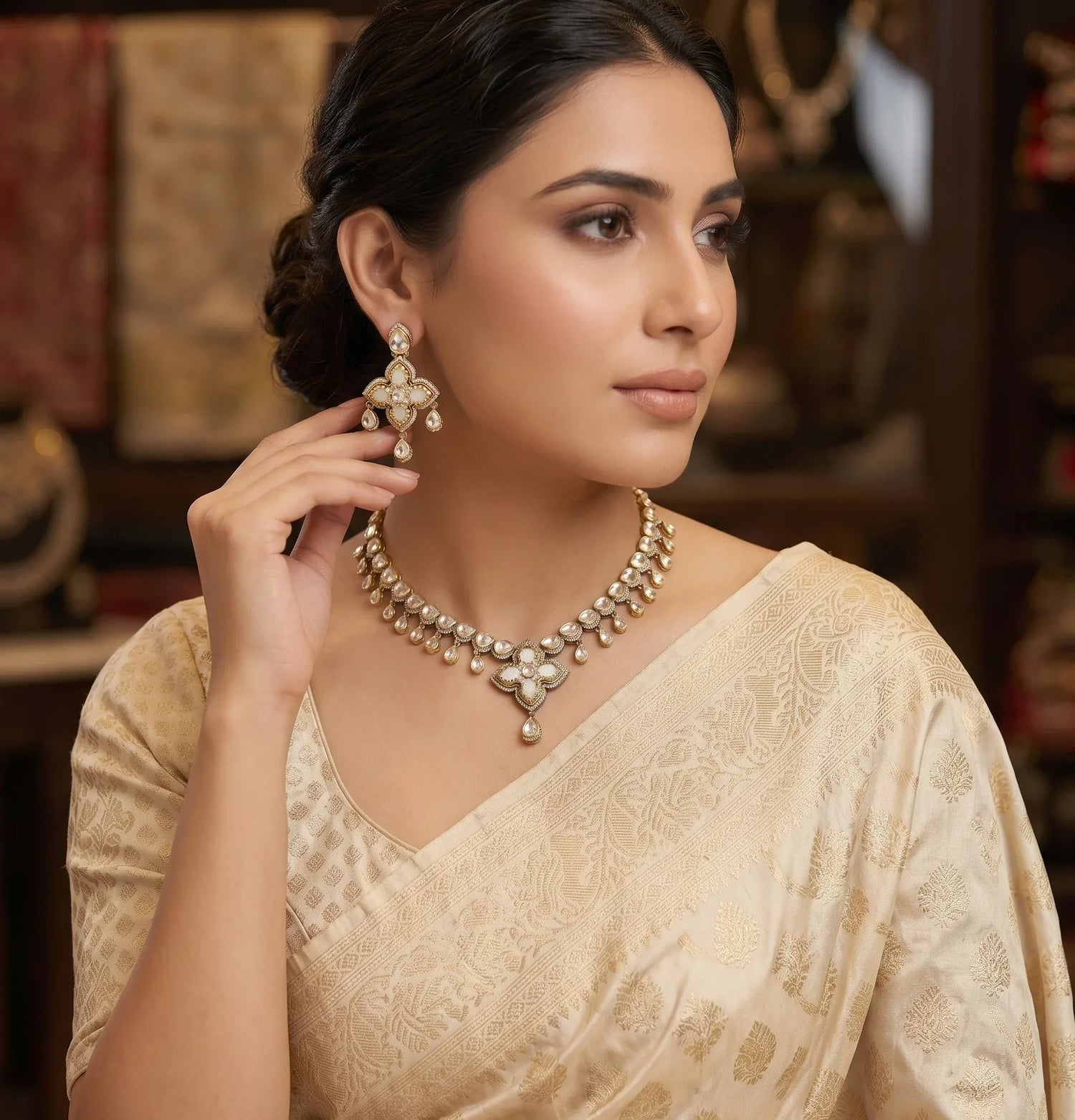 Classic Polki Short Necklace Set – Antique Finish