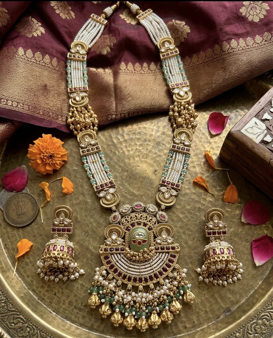 Heritage Jadtar Kundan Long Necklace Set – Antique Gold