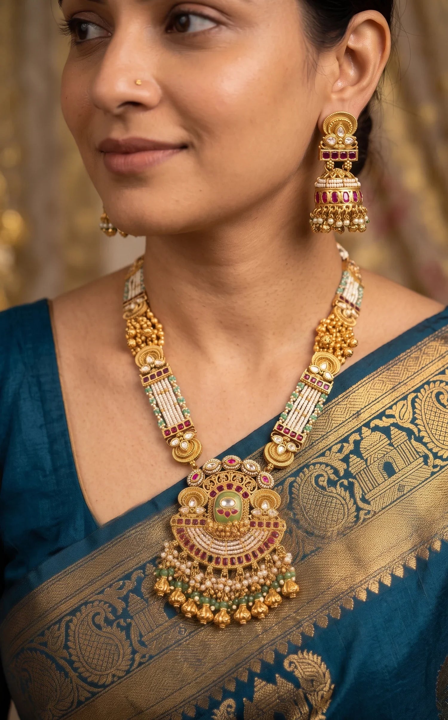 Heritage Jadtar Kundan Long Necklace Set – Antique Gold