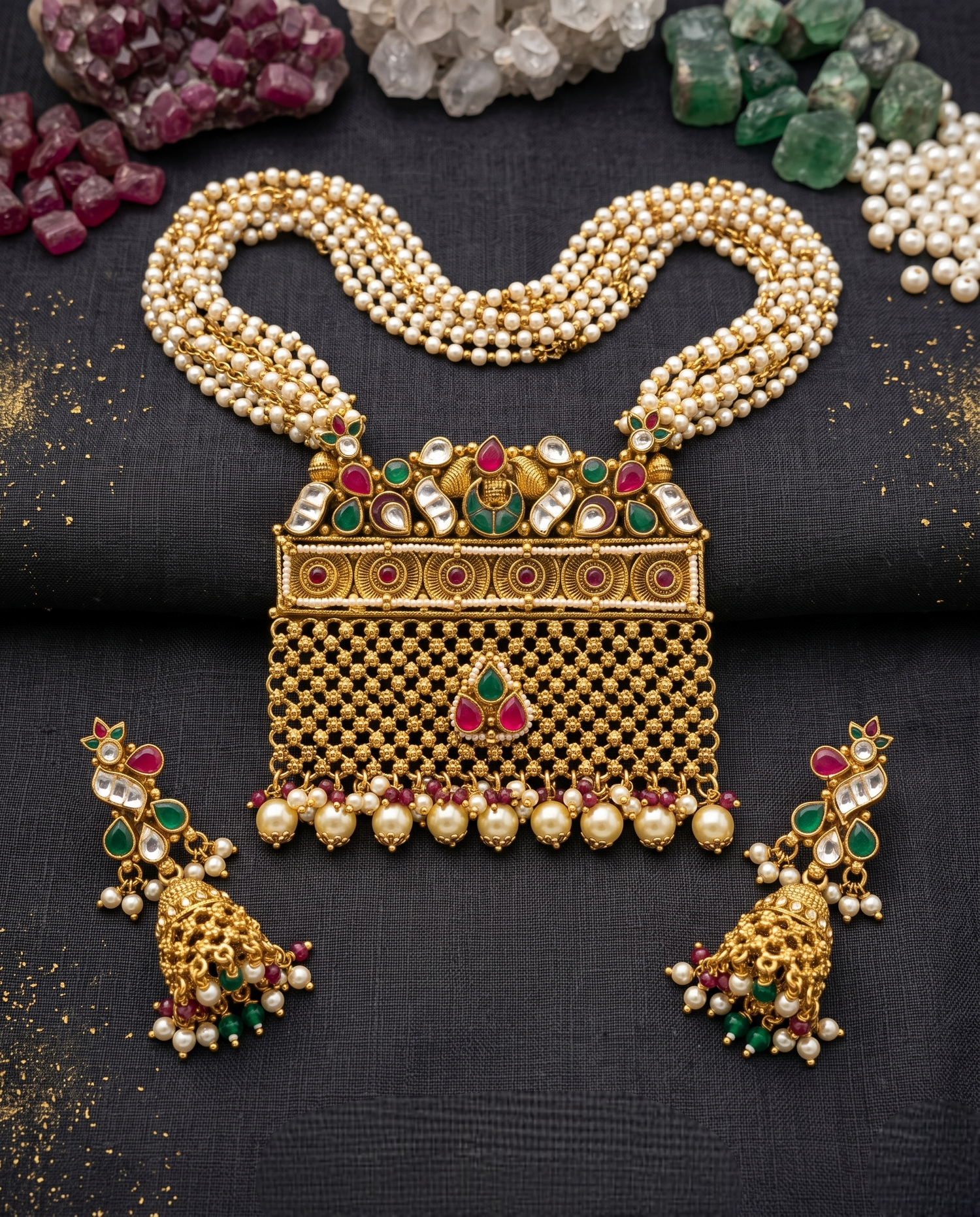 Elegant Jadtar Kundan Short Necklace Set – Antique Gold
