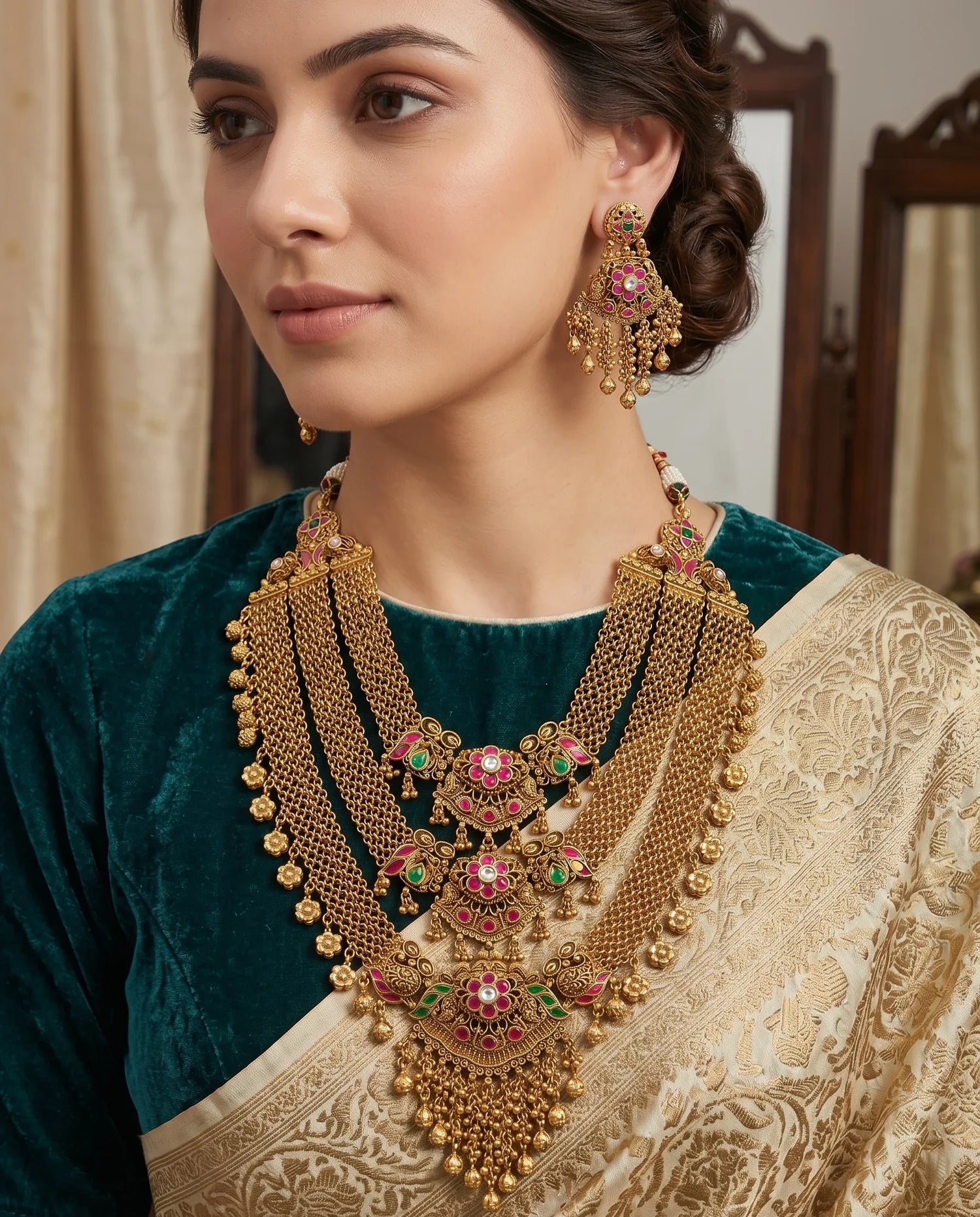 Royal Jadtar Kundan Long Necklace Set – Antique Gold