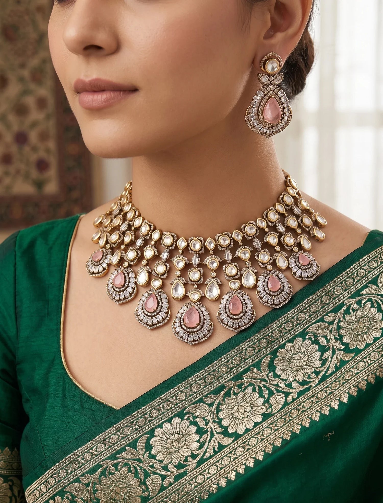 Royal Polki Choker Necklace Set – Gold Plated