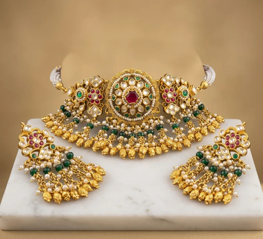 Designer Jadtar Kundan Choker Set – Gold Plated