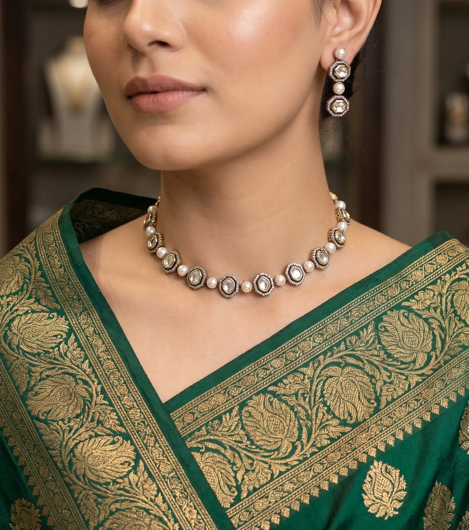 Classic Polki Choker Necklace Set – Antique Gold