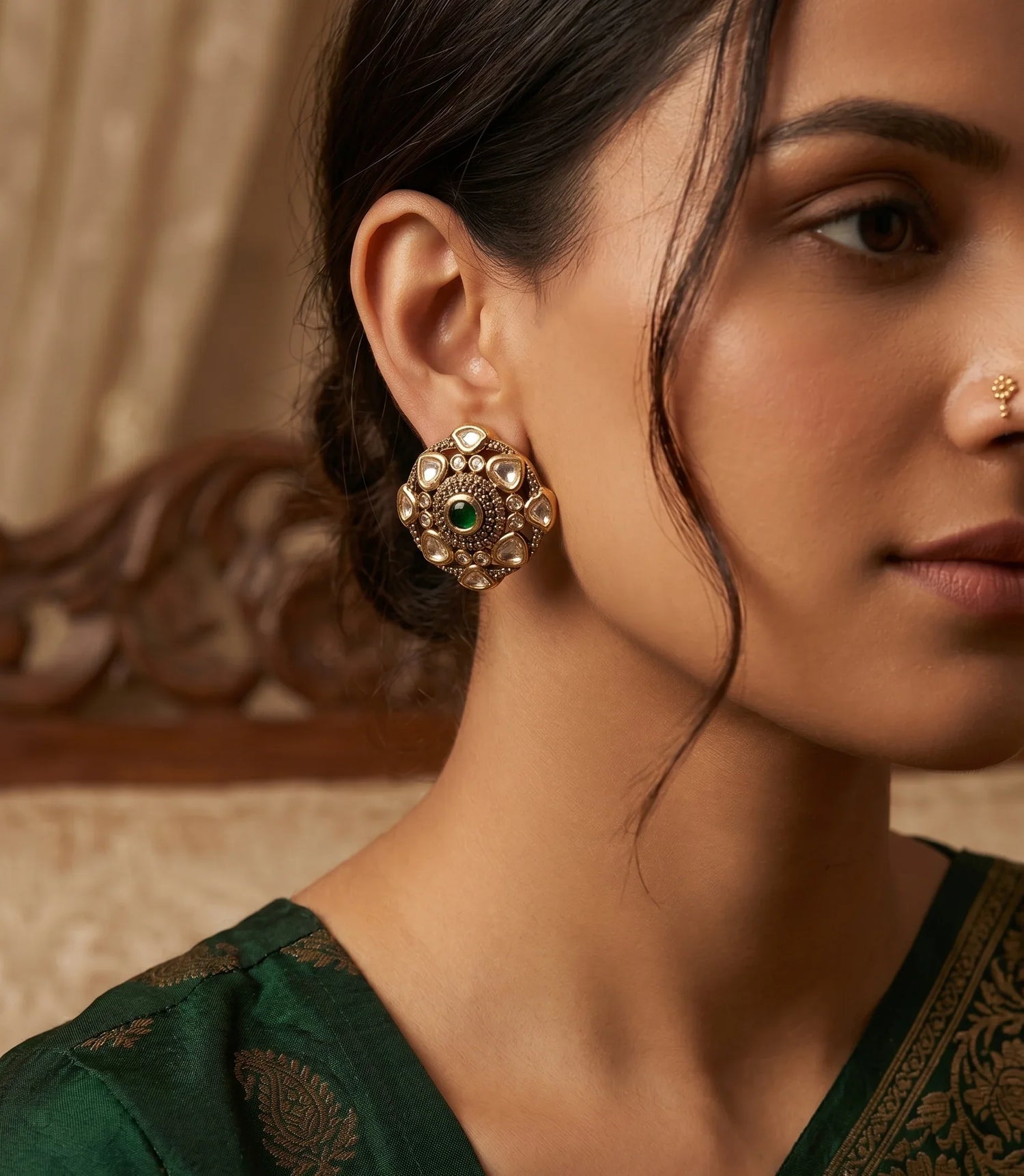Premium Polki Stud Earrings – Antique Gold