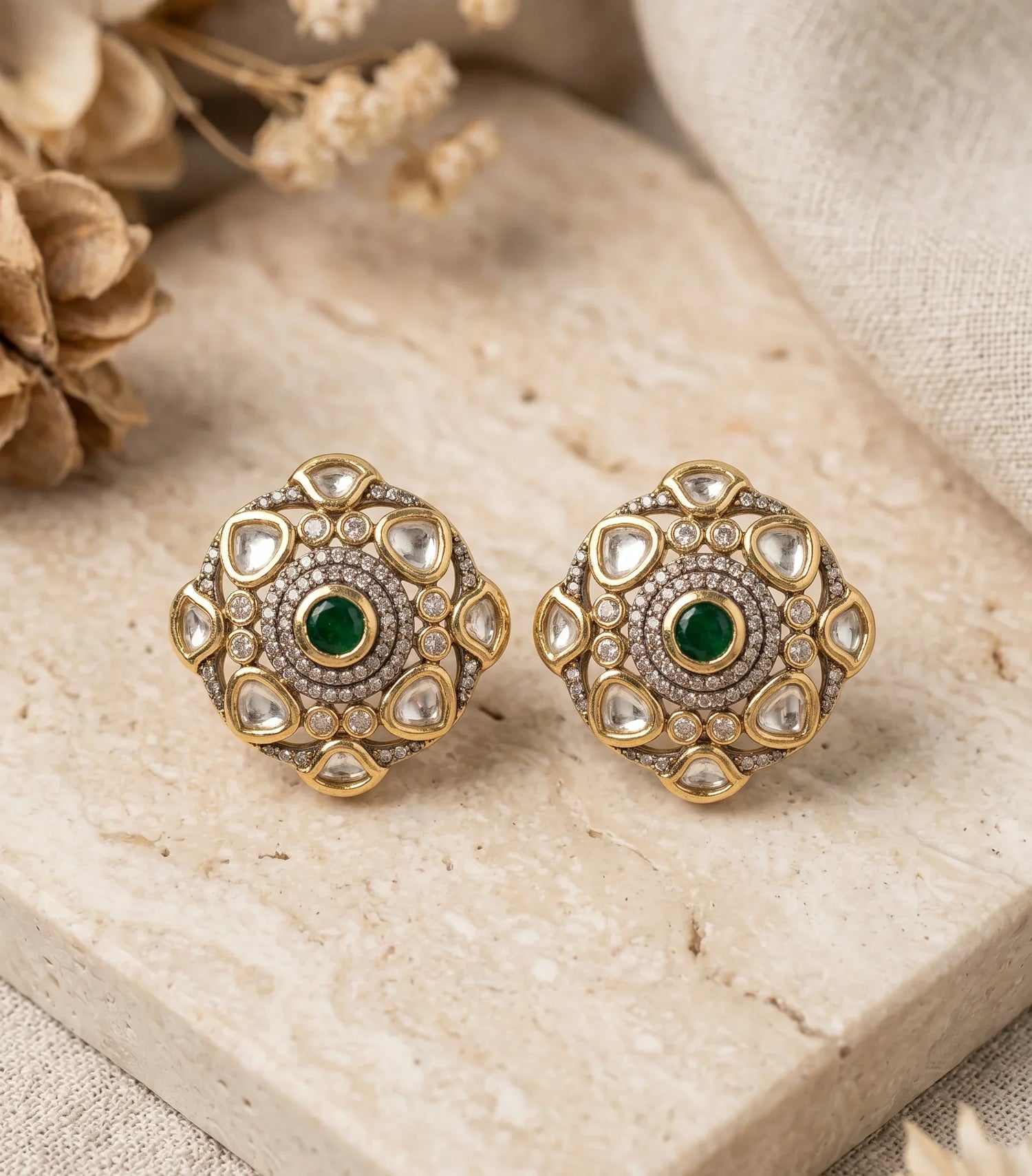 Premium Polki Stud Earrings – Antique Gold