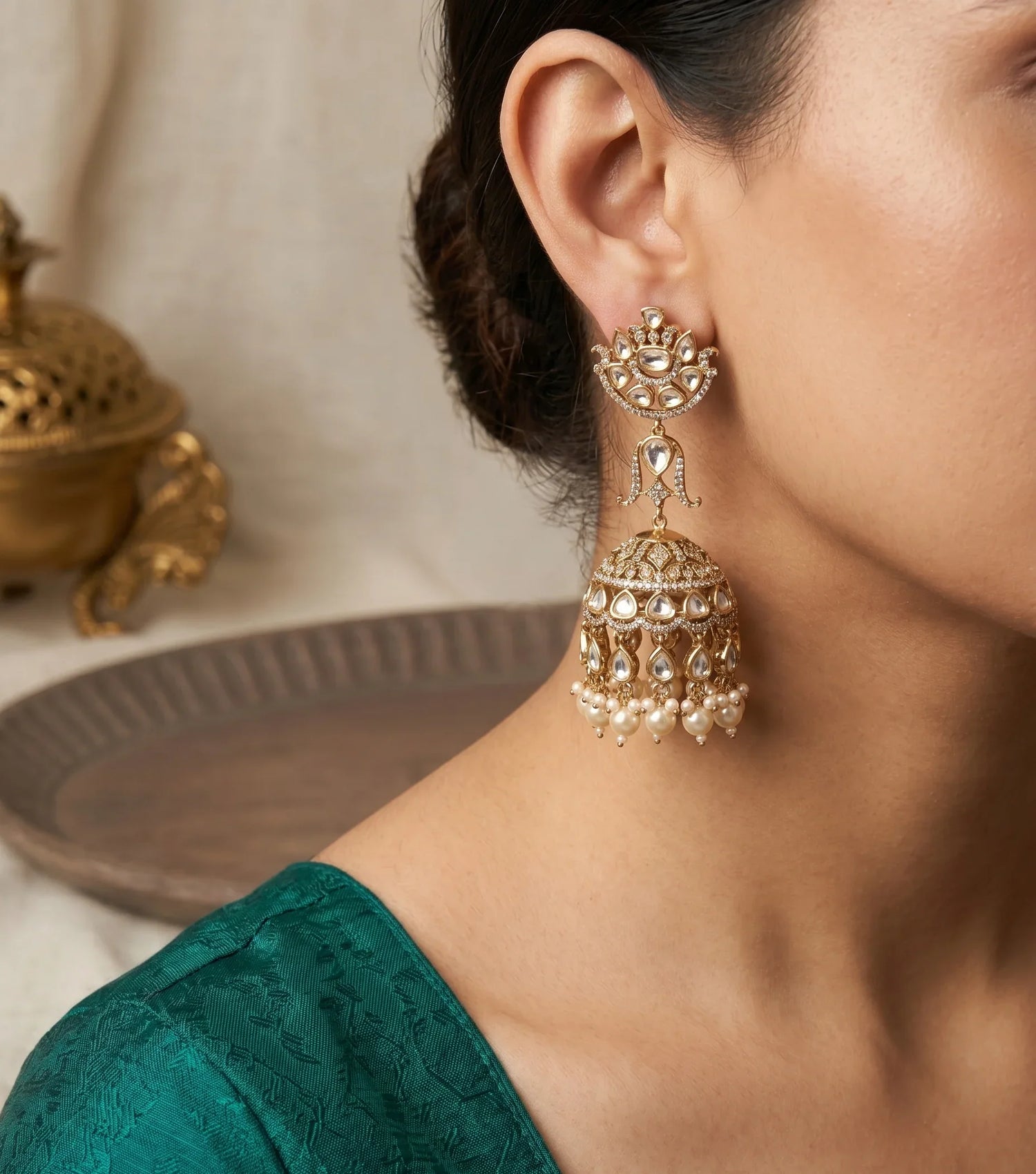 Premium Polki Dool Earrings – Antique Gold