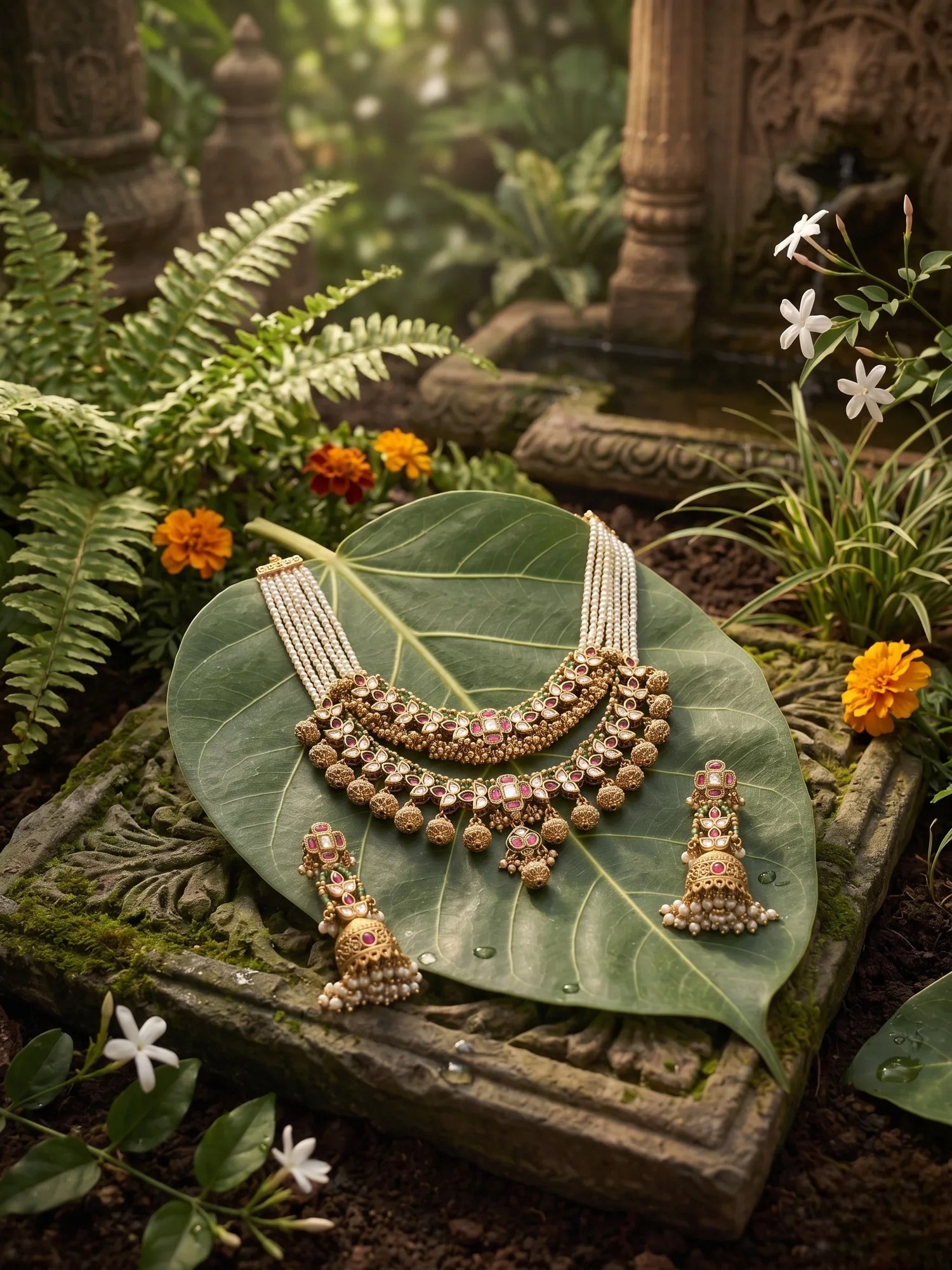 Royal Jadtar Kundan Short Necklace Set – Antique Gold