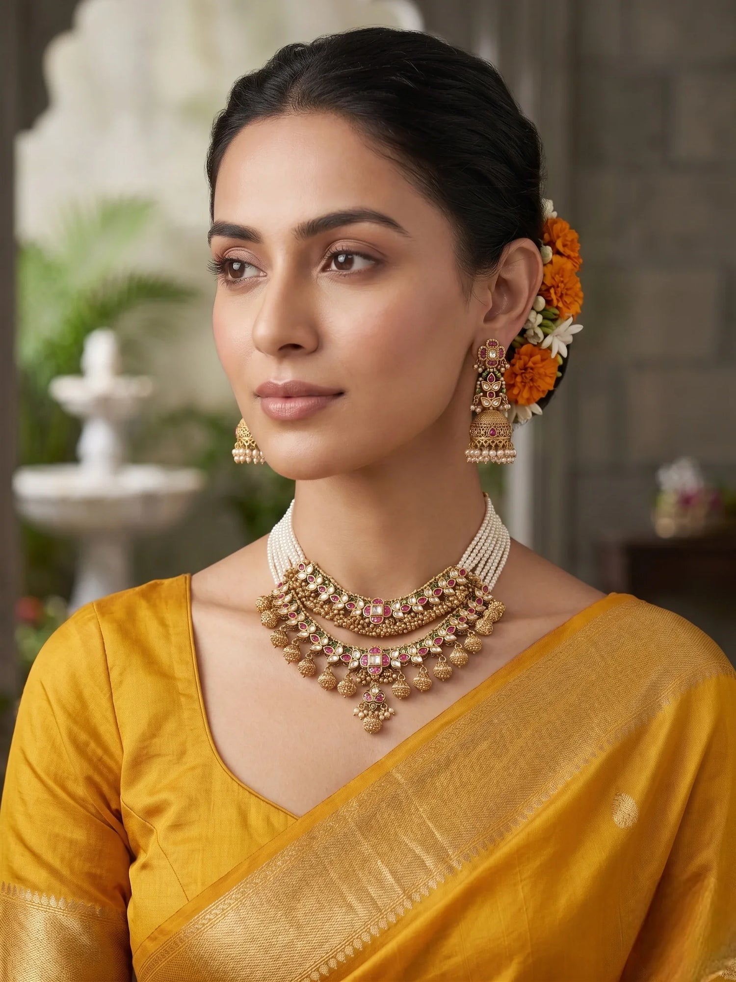 Royal Jadtar Kundan Short Necklace Set – Antique Gold