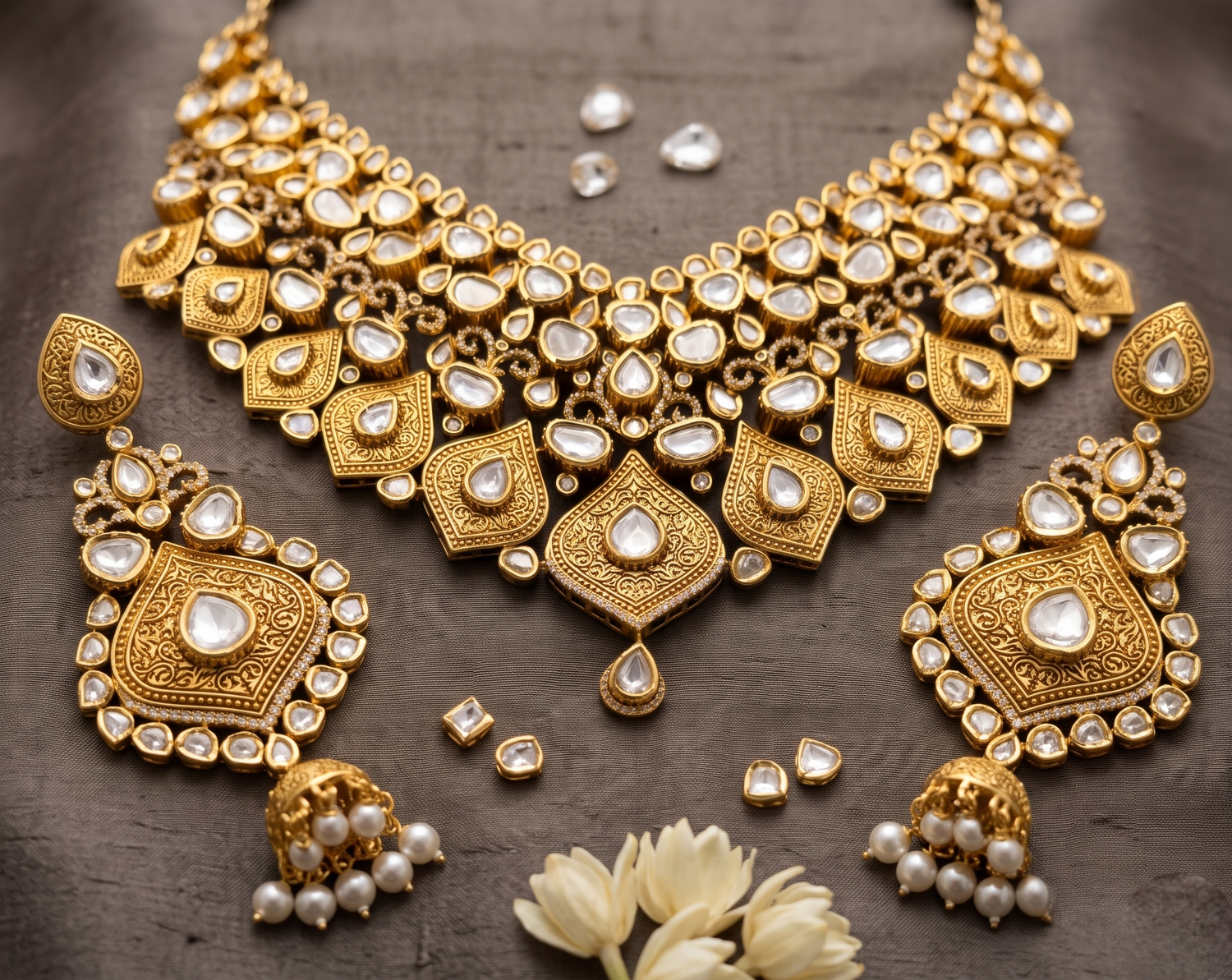 Luxury Polki Short Necklace Set – Gold Plated