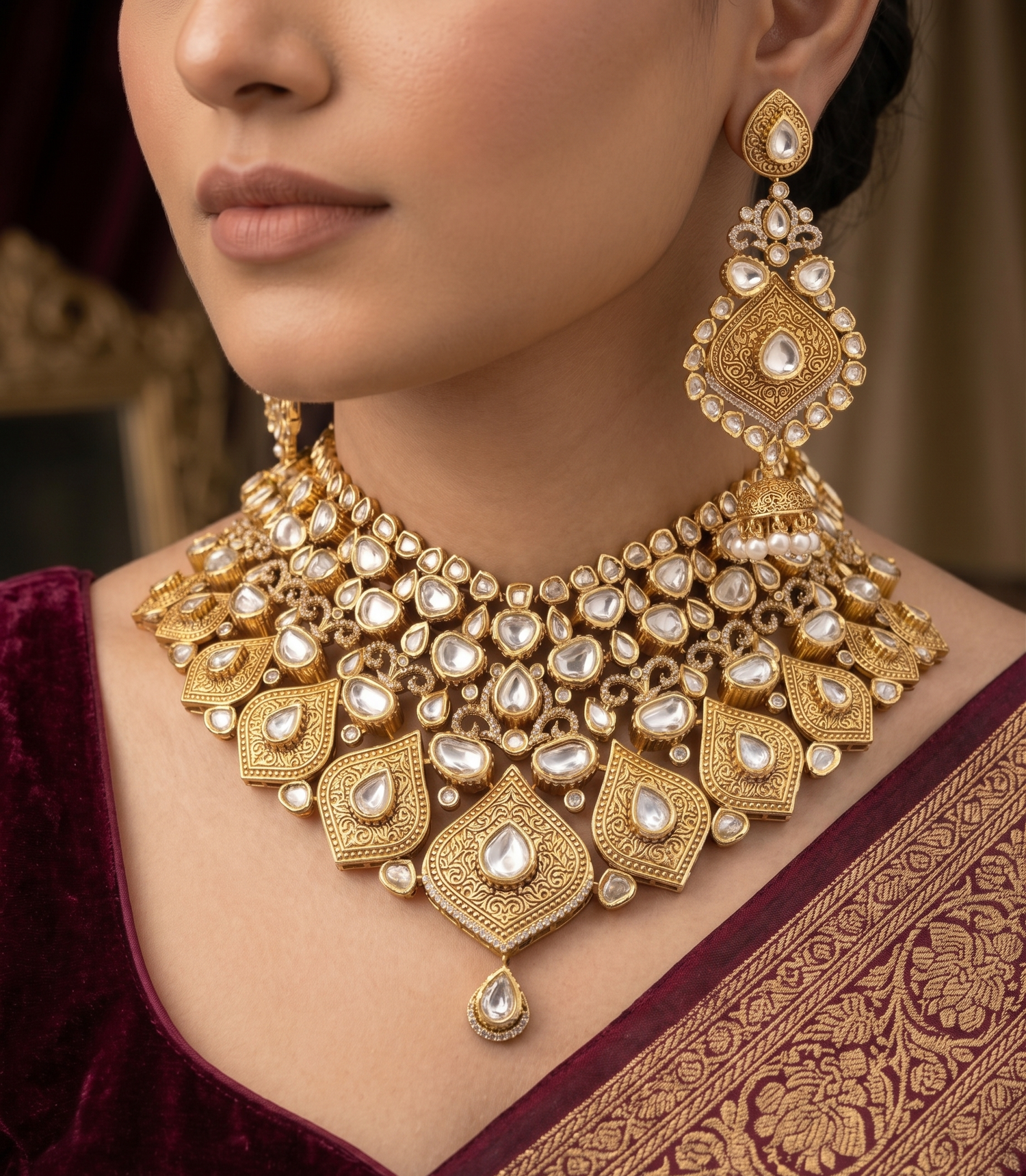 Luxury Polki Short Necklace Set – Gold Plated