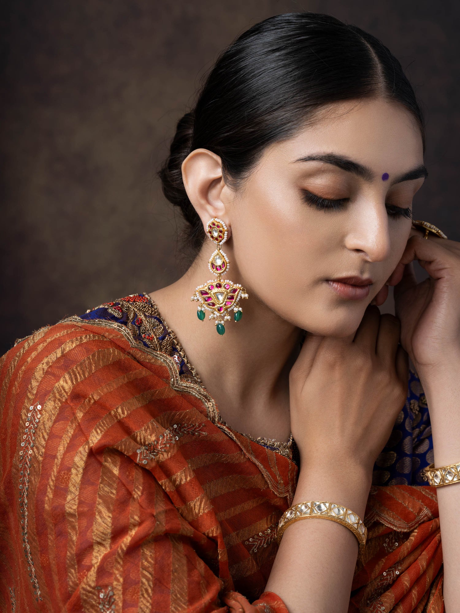 Scarlet, Red Kundan Silver Danglers