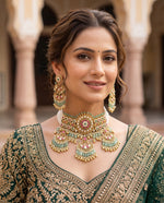 Woman wearing jadtar bridal choker set with mint drops and matching chandbali earrings – Studio Gulabi