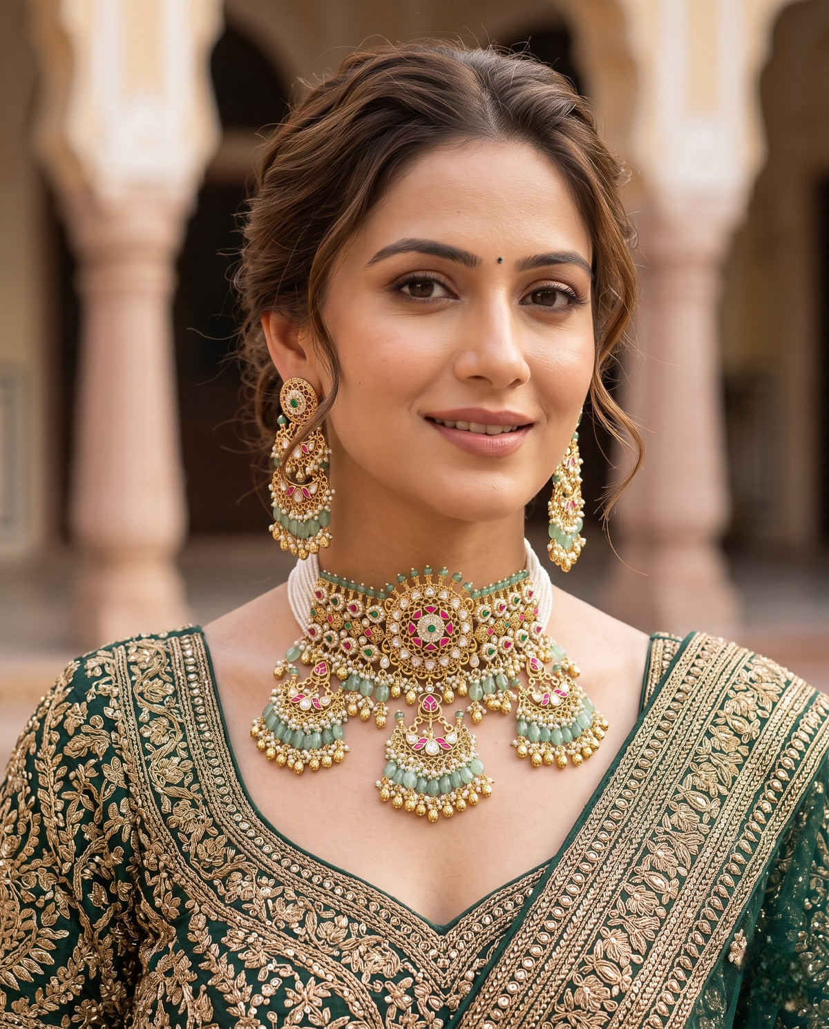 Woman wearing jadtar bridal choker set with mint drops and matching chandbali earrings – Studio Gulabi