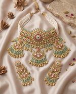 Jadtar bridal choker set with mint drops and matching chandbali earrings styled on satin – Studio Gulabi