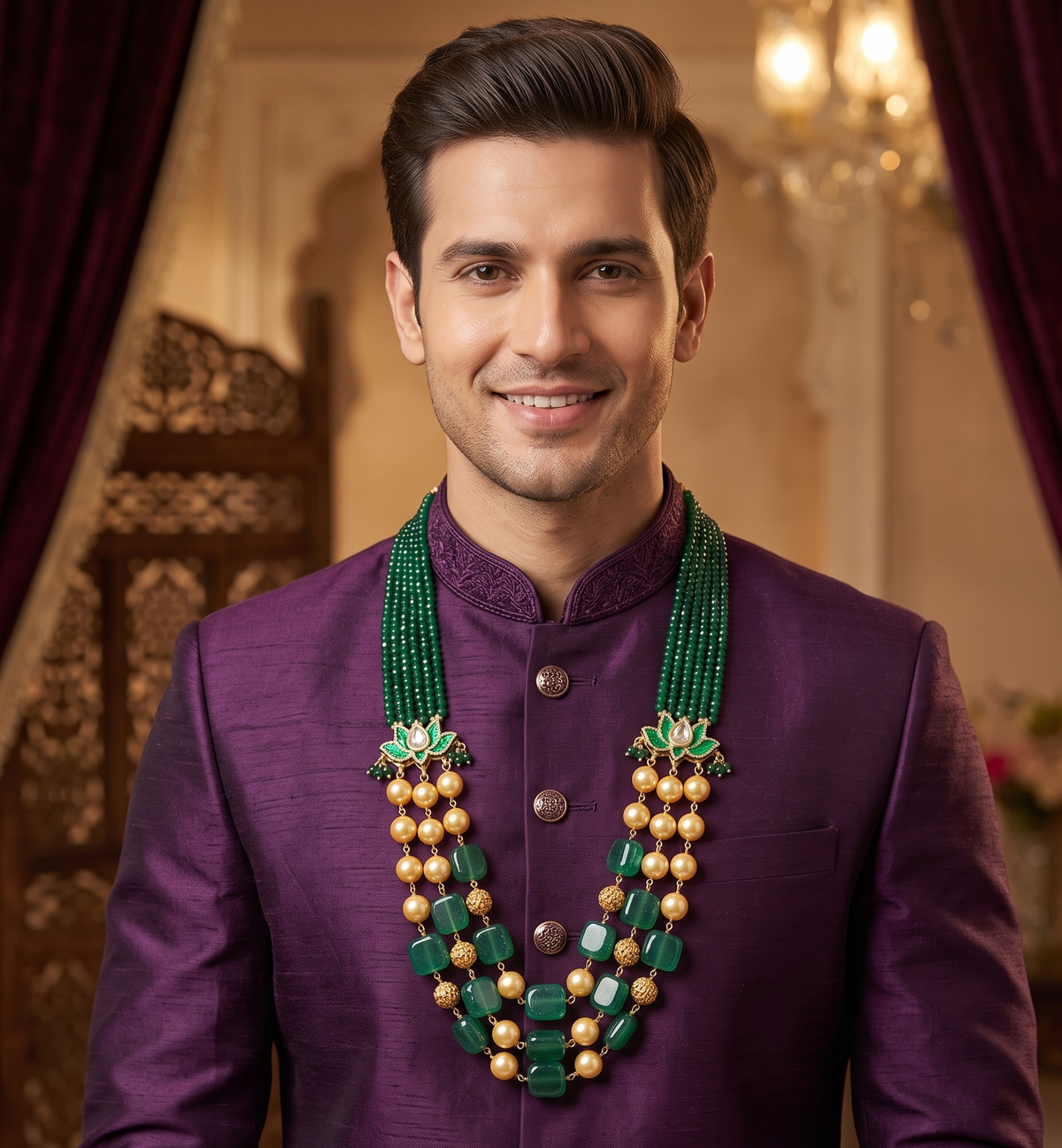 Green Beats Multi Layer Groom Mala - Gold