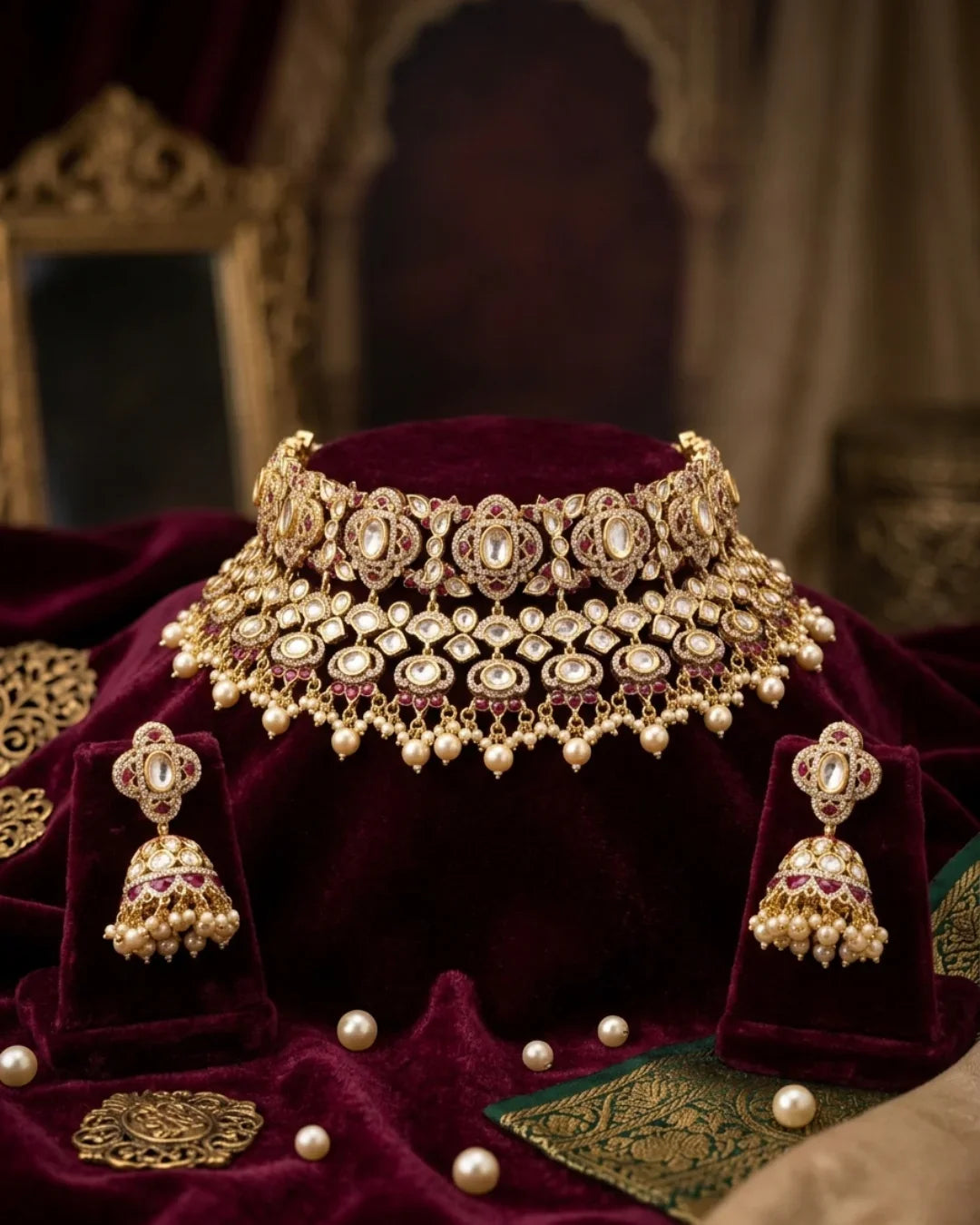 Elegant Polki Choker Necklace Set – Gold Plated