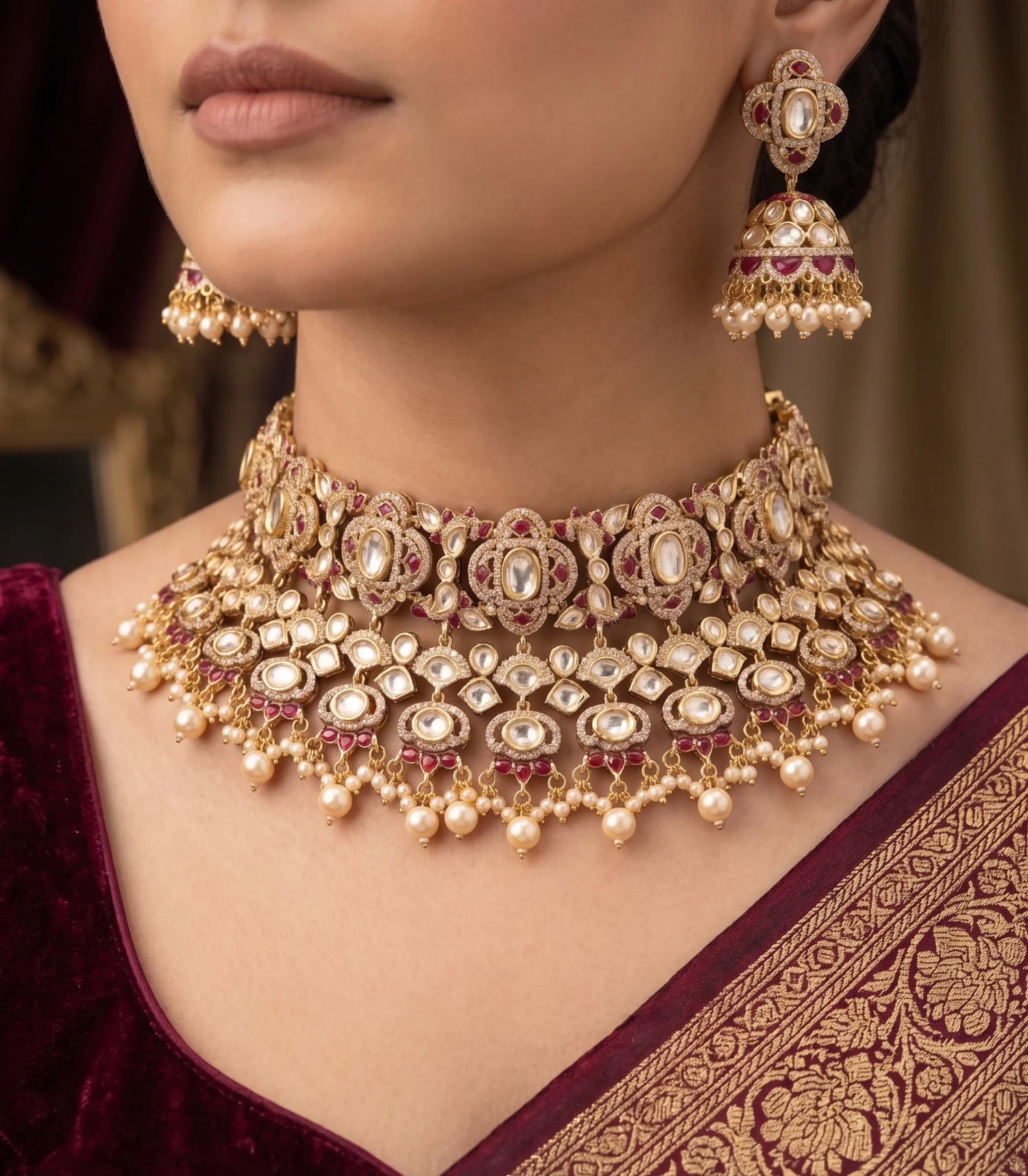 Elegant Polki Choker Necklace Set – Gold Plated