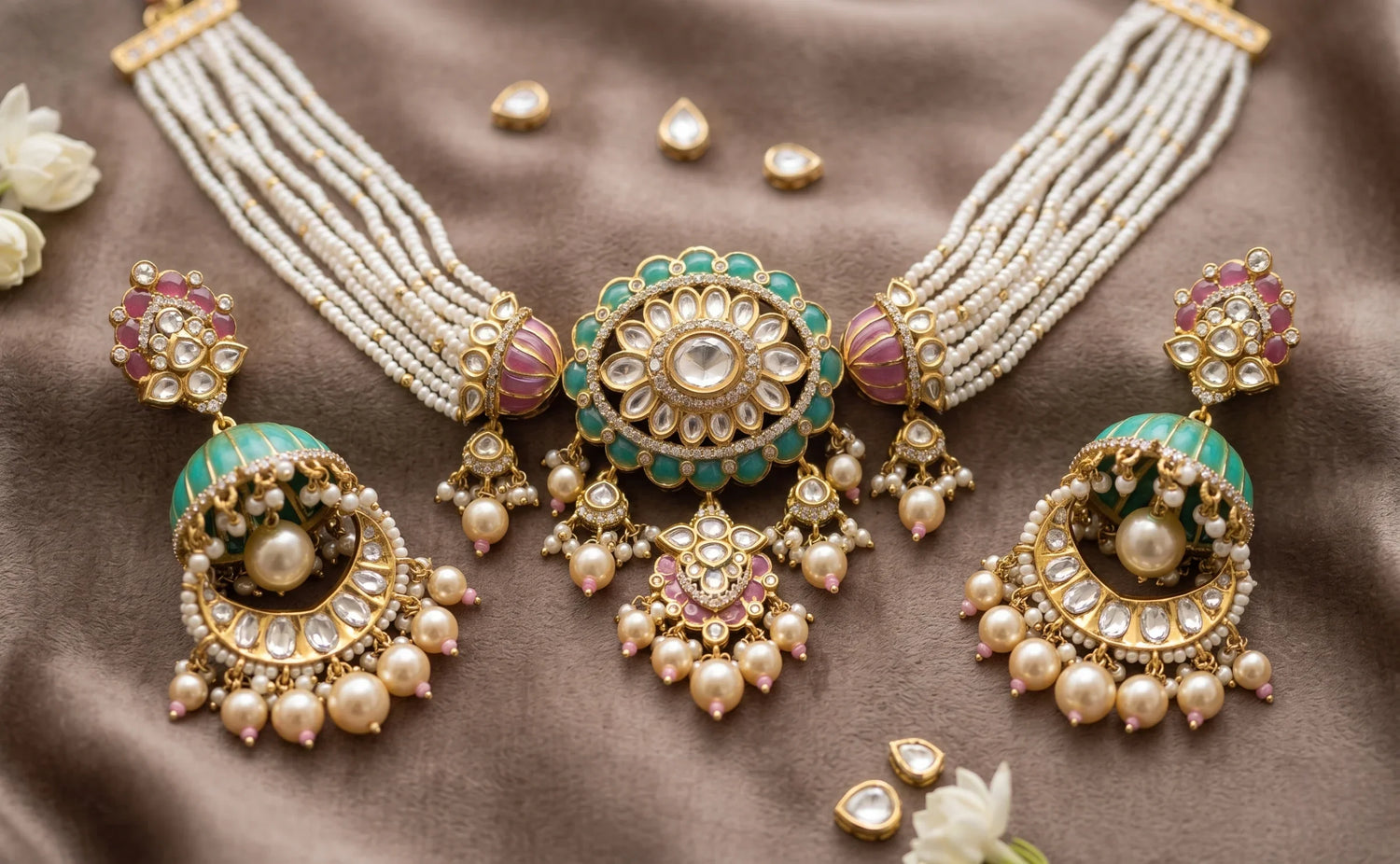 Classic Polki Choker Necklace Set – Gold Plated