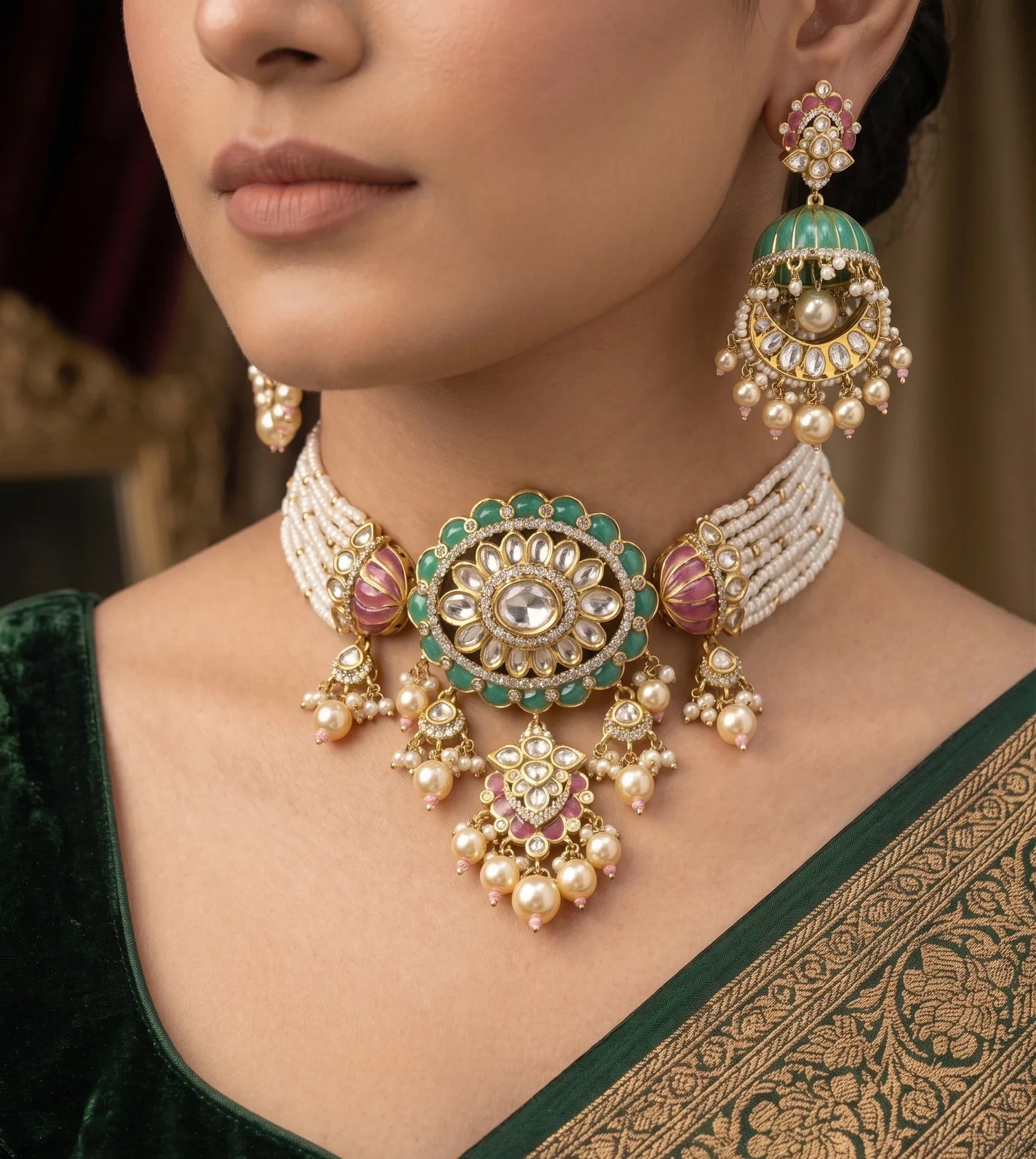 Classic Polki Choker Necklace Set – Gold Plated