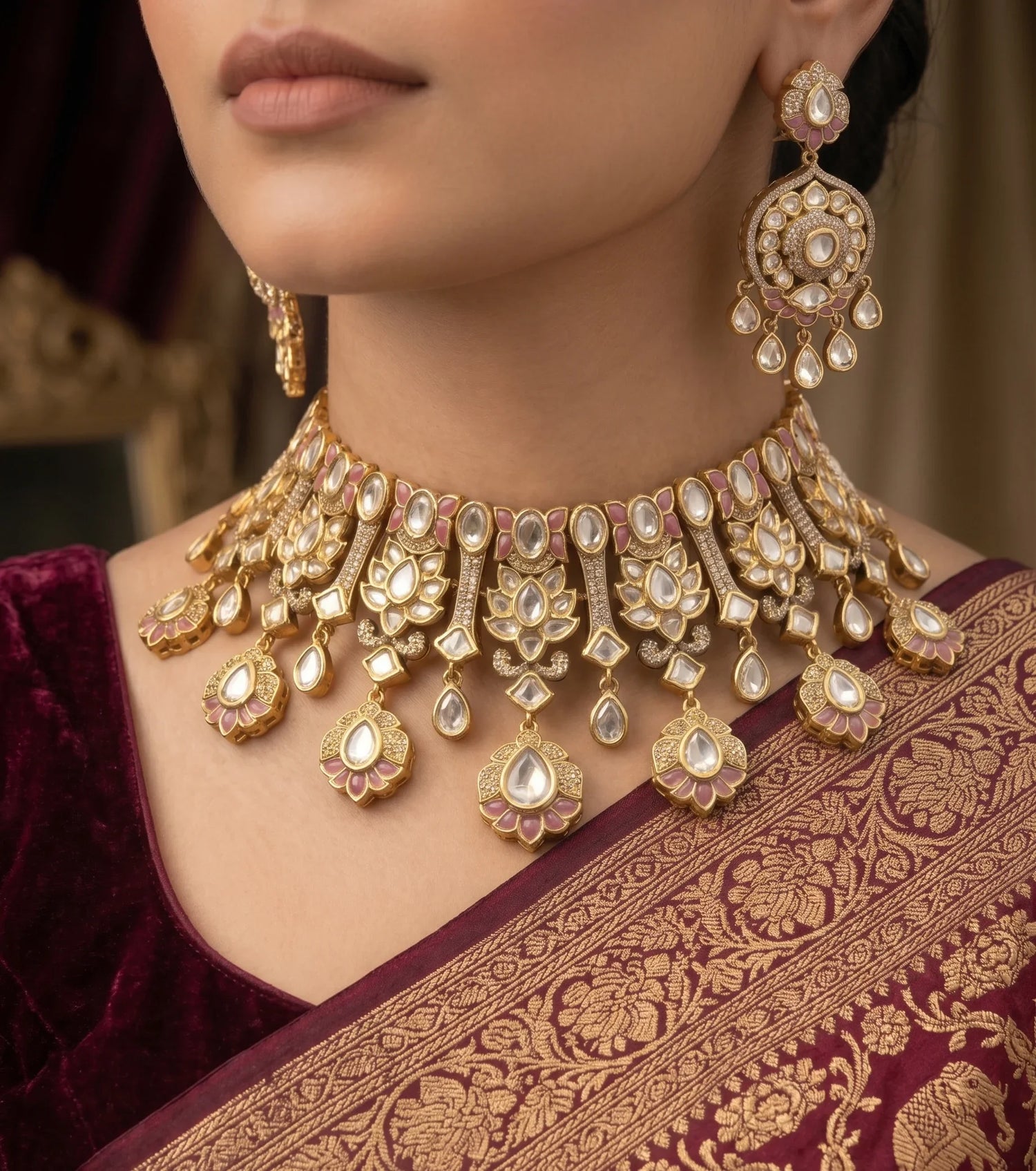 Designer Polki Choker Necklace Set – Gold Plated